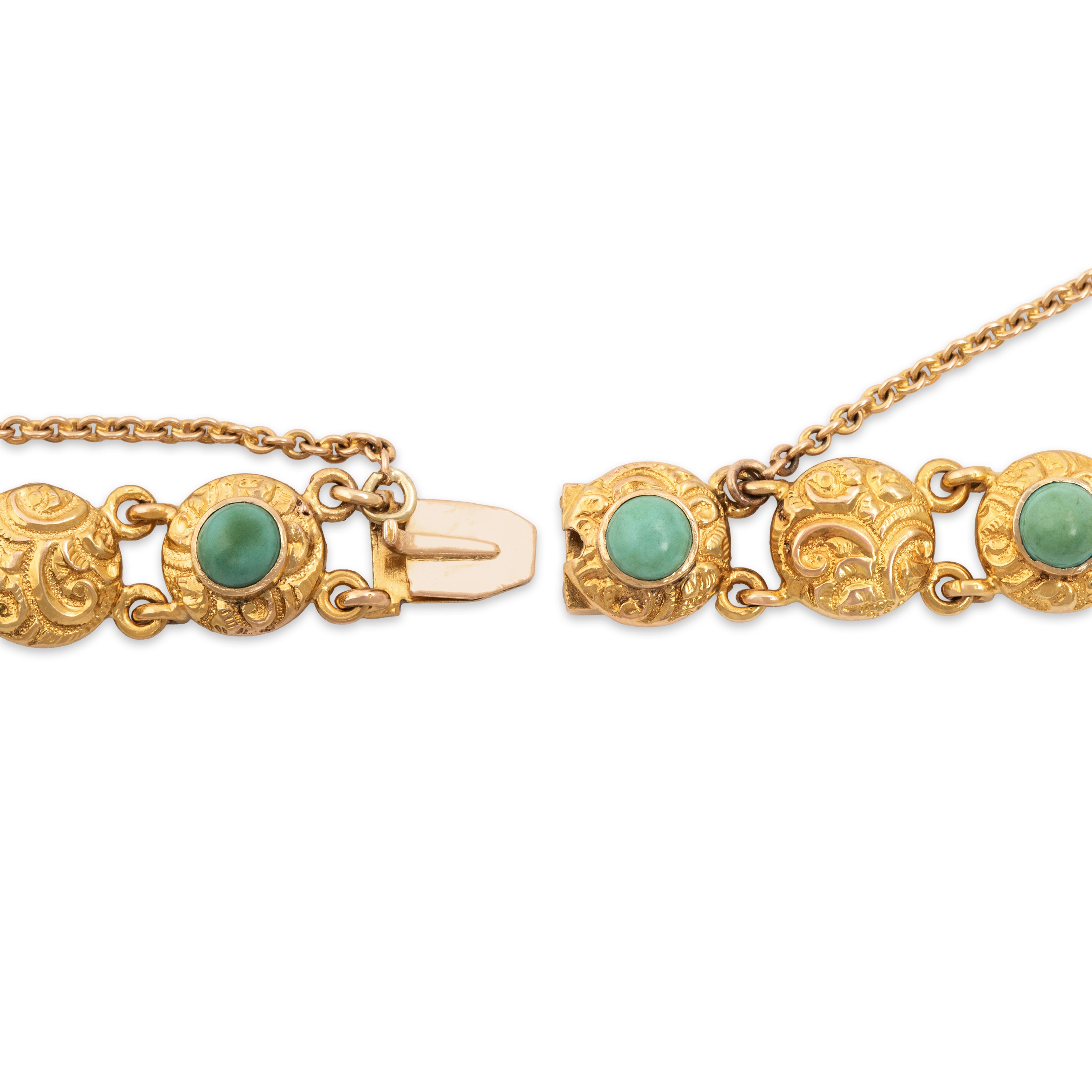 Antique Victorian 14k Yellow Gold 3.33cttw Turquoise Ornate Scrolling Detail Link Bracelet - clasp view