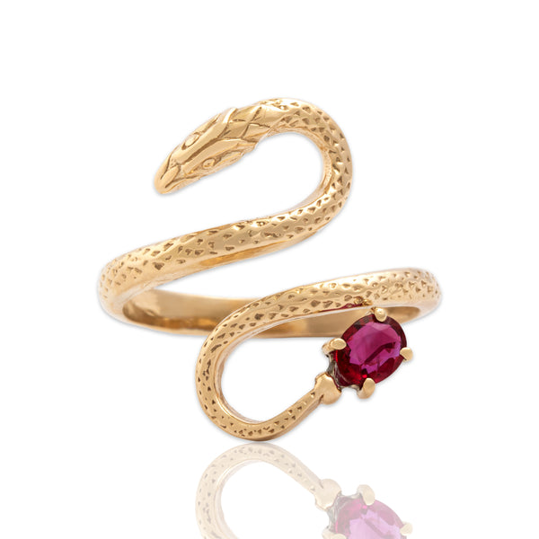 Vintage 14k Yellow Gold Ruby Striking Slithering Snake Wrap Ring 11.25