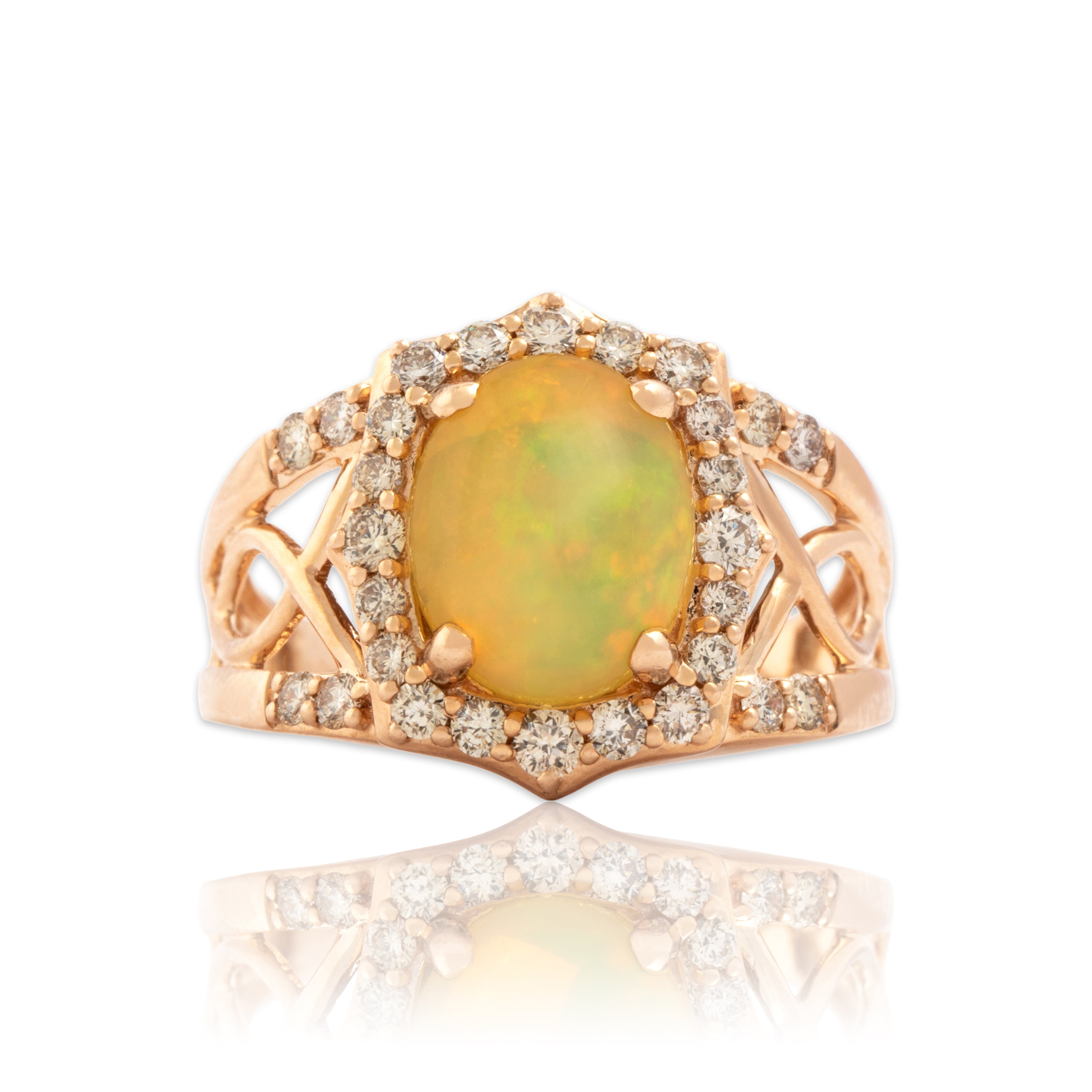 Estate 14k Rose Gold 1.64ct Jelly Opal Champagne Diamond Cocktail Ring 6.75