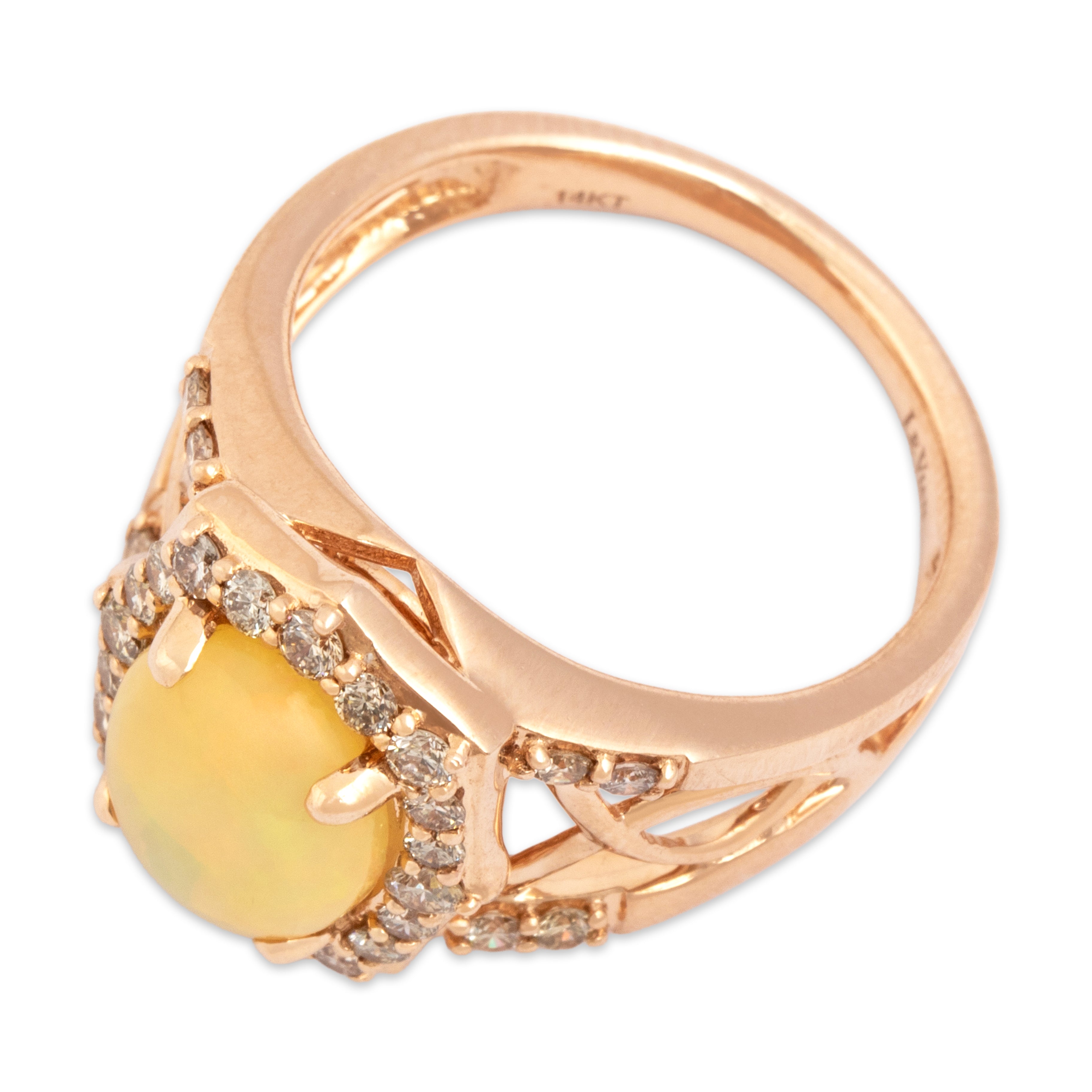 Estate 14k Rose Gold 1.64ct Jelly Opal Champagne Diamond Iridescent Halo Cabochon Cocktail Ring - Overall view