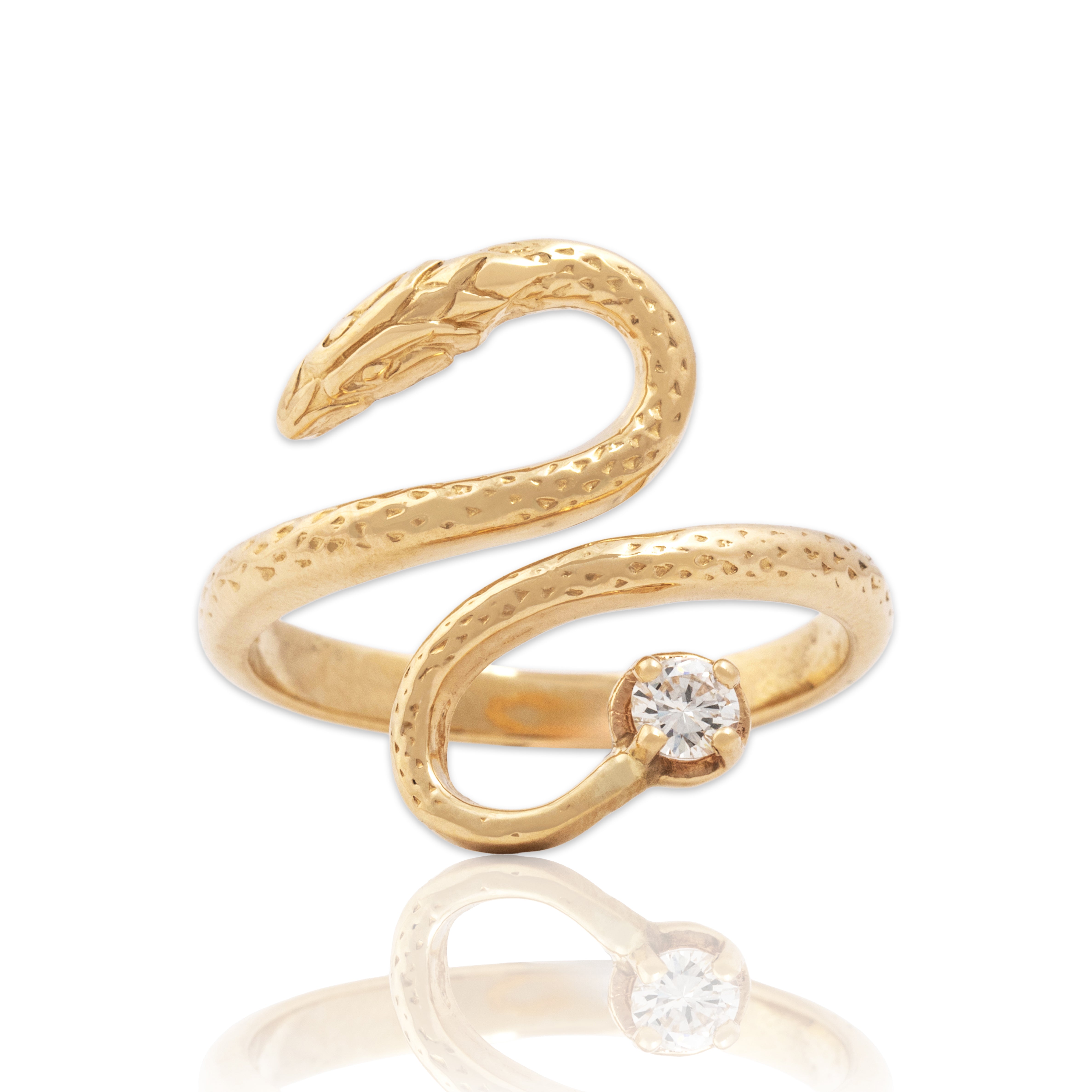 Vintage 14k Yellow Gold Diamond Sparkling Snake Wrap Ring - Close-up view