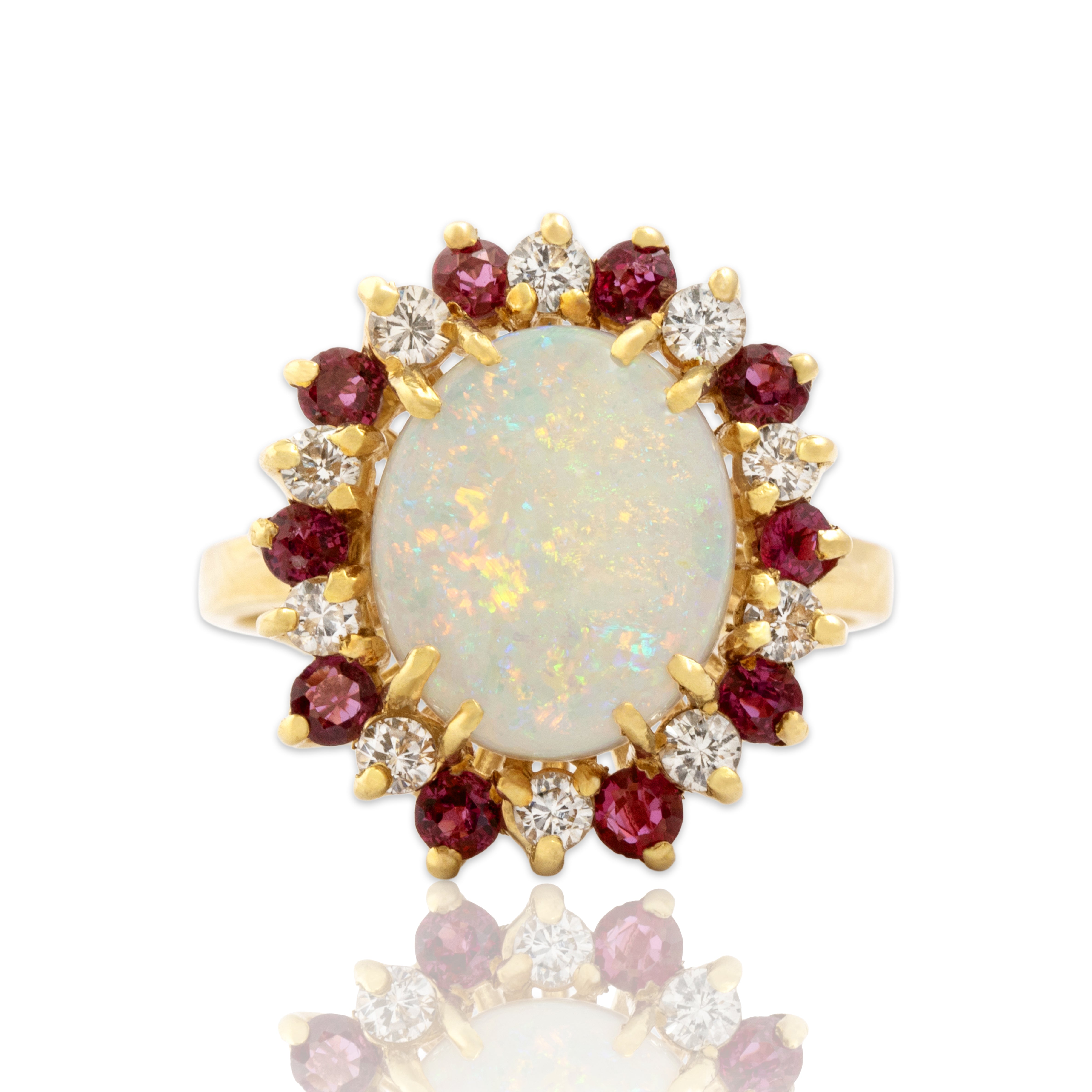 Vintage 18k Yellow Gold .94ct Opal Ruby Diamond Stepped Halo Cocktail Ring 7.50