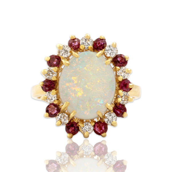 Vintage 18k Yellow Gold .94ct Opal Ruby Diamond Stepped Halo Cocktail Ring 7.50