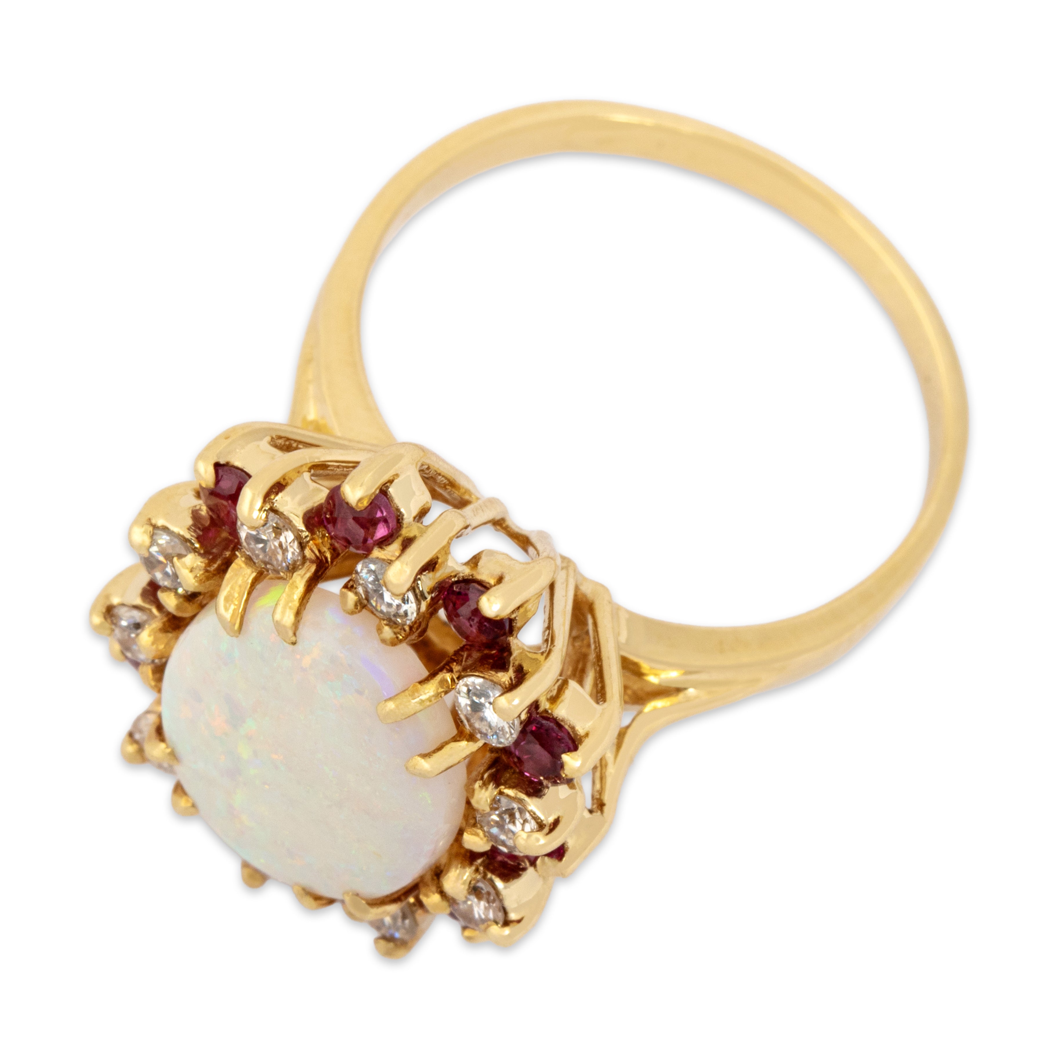 Vintage 18k Yellow Gold .94ct Opal Ruby Diamond Glittering Alternating Halo Cocktail Ring - Overall view