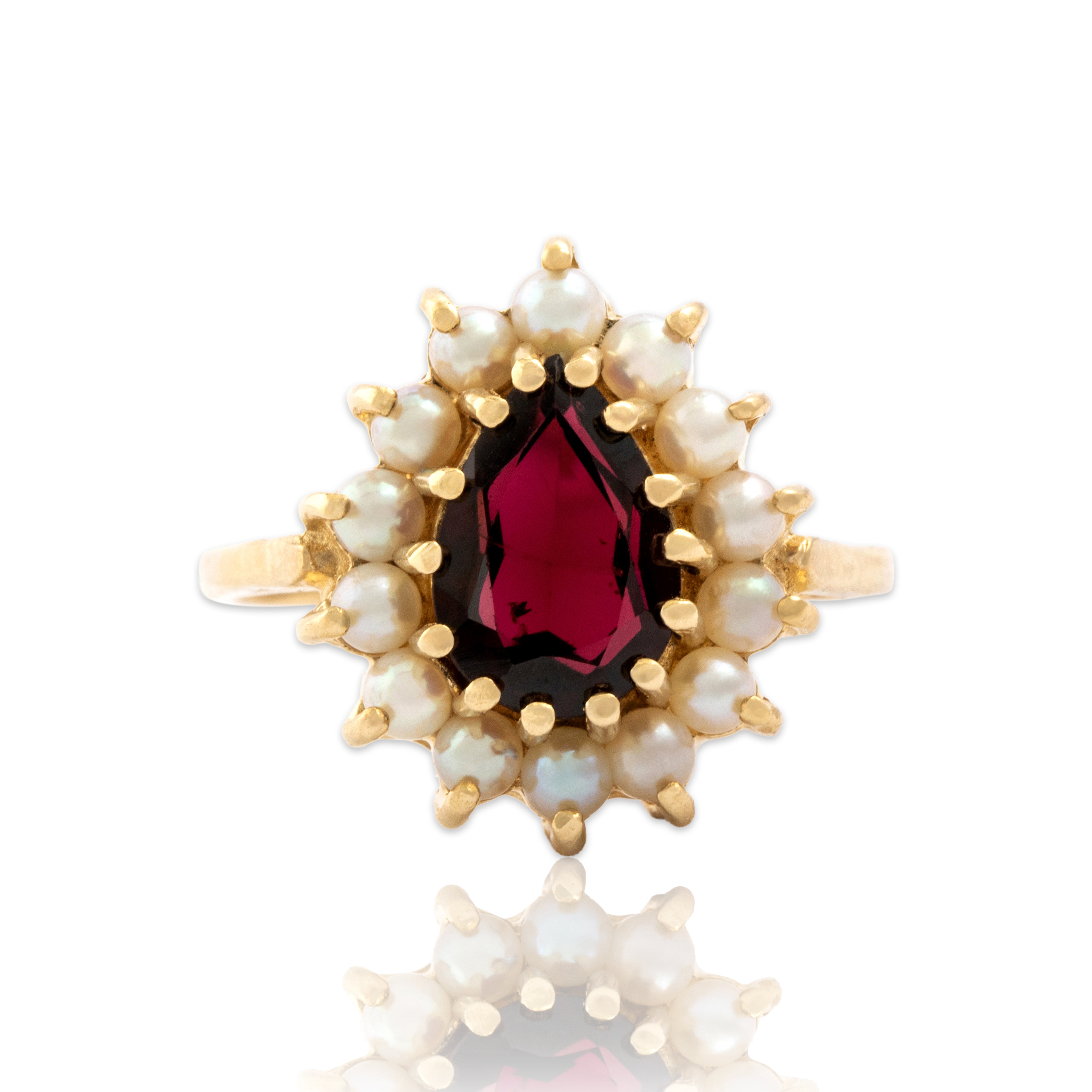 Vintage 14k Yellow Gold 1.72ct Garnet Pearl Bold Pear Halo Ring - Close-up view