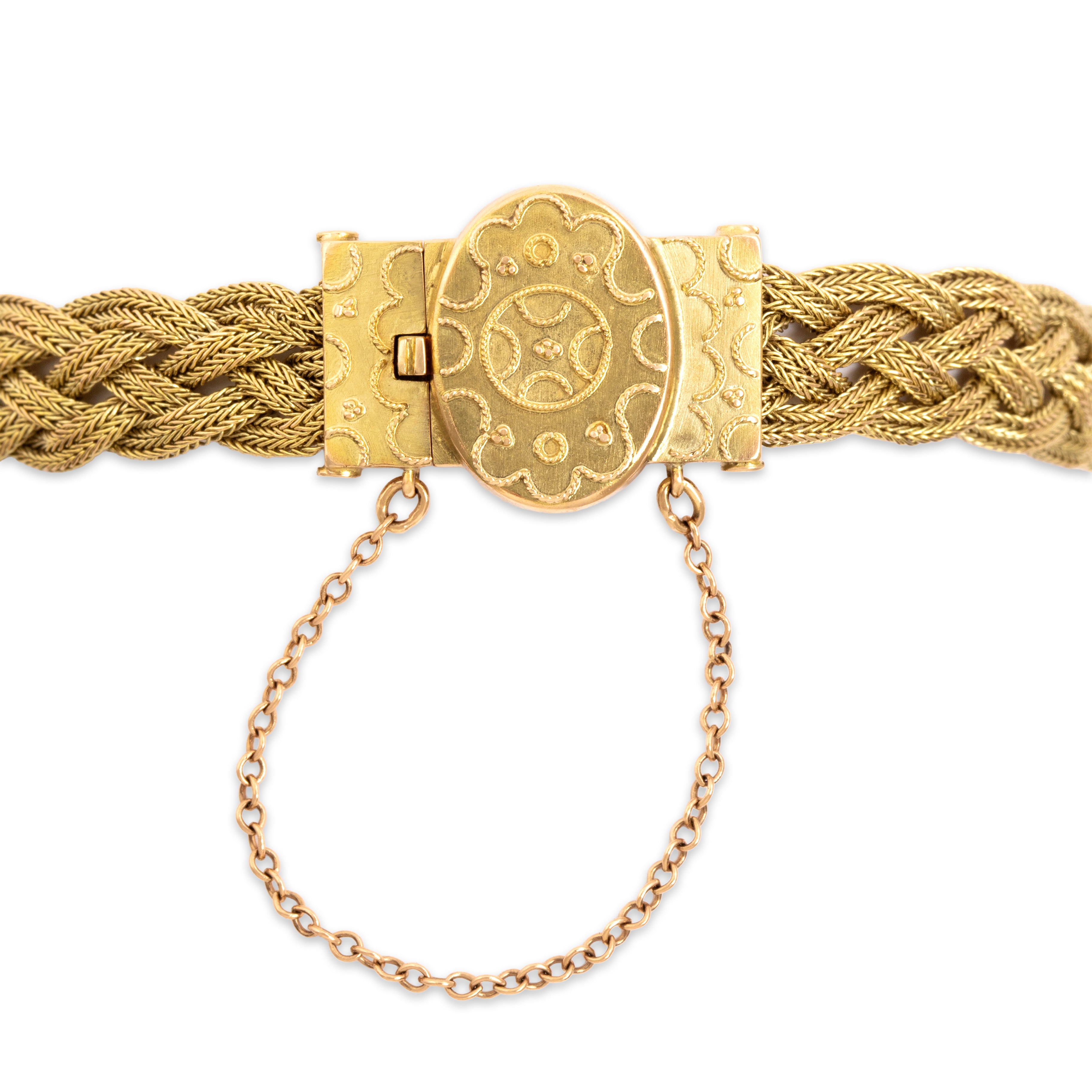 Antique Victorian 14k Yellow Gold Woven Chain Whimsical Decorated Clasp Bracelet - detail view #1