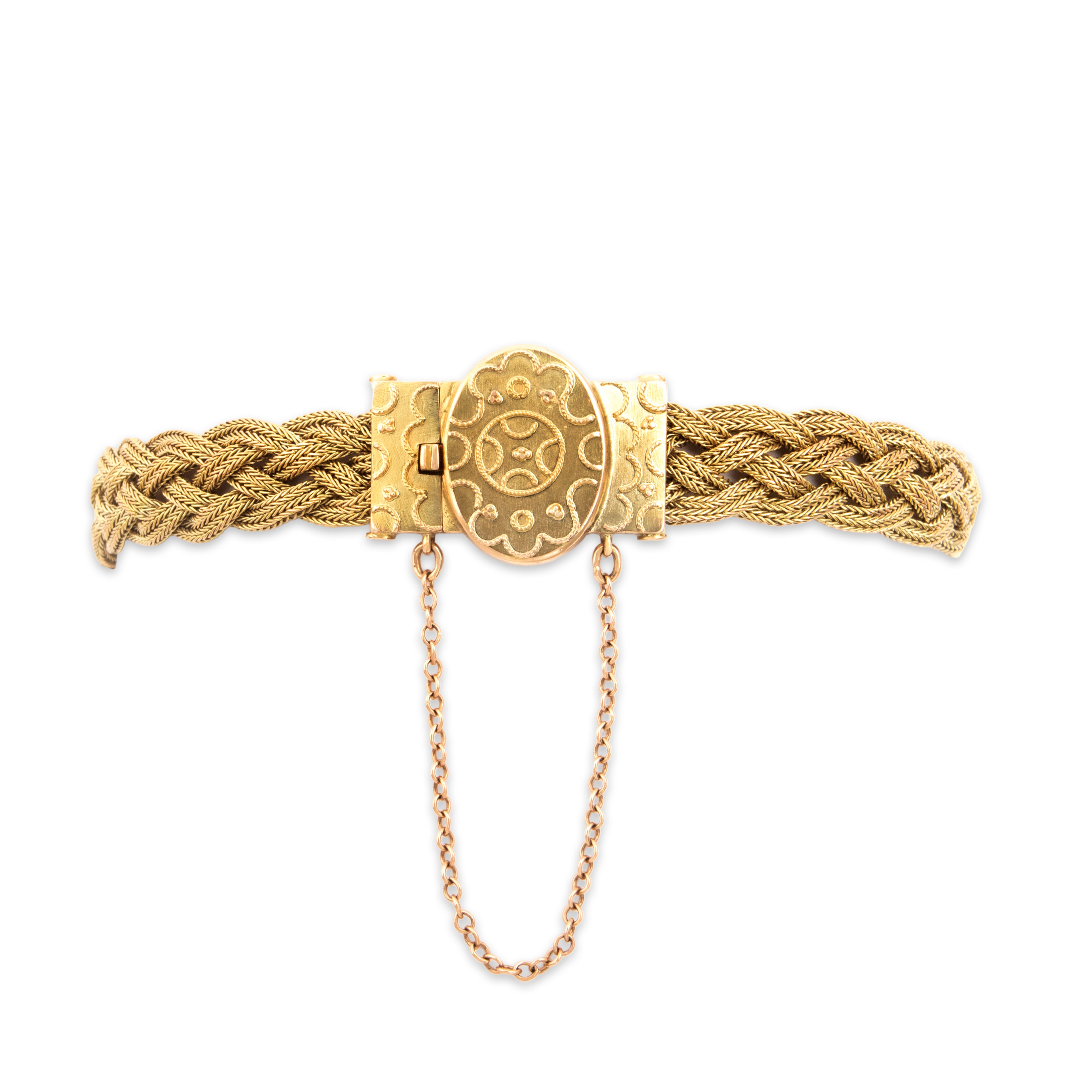 Antique Victorian 14k Yellow Gold Woven Chain Whimsical Decorated Clasp Bracelet - Close-up view