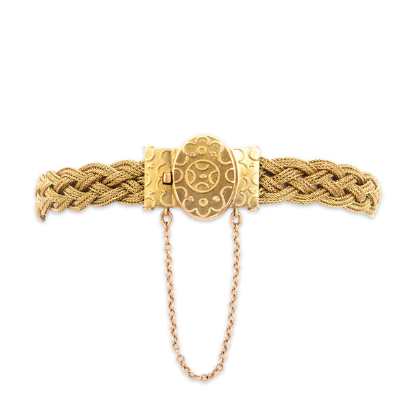 Antique Victorian 14k Yellow Gold Swirling Decorated Braided Chain Bracelet 7.25