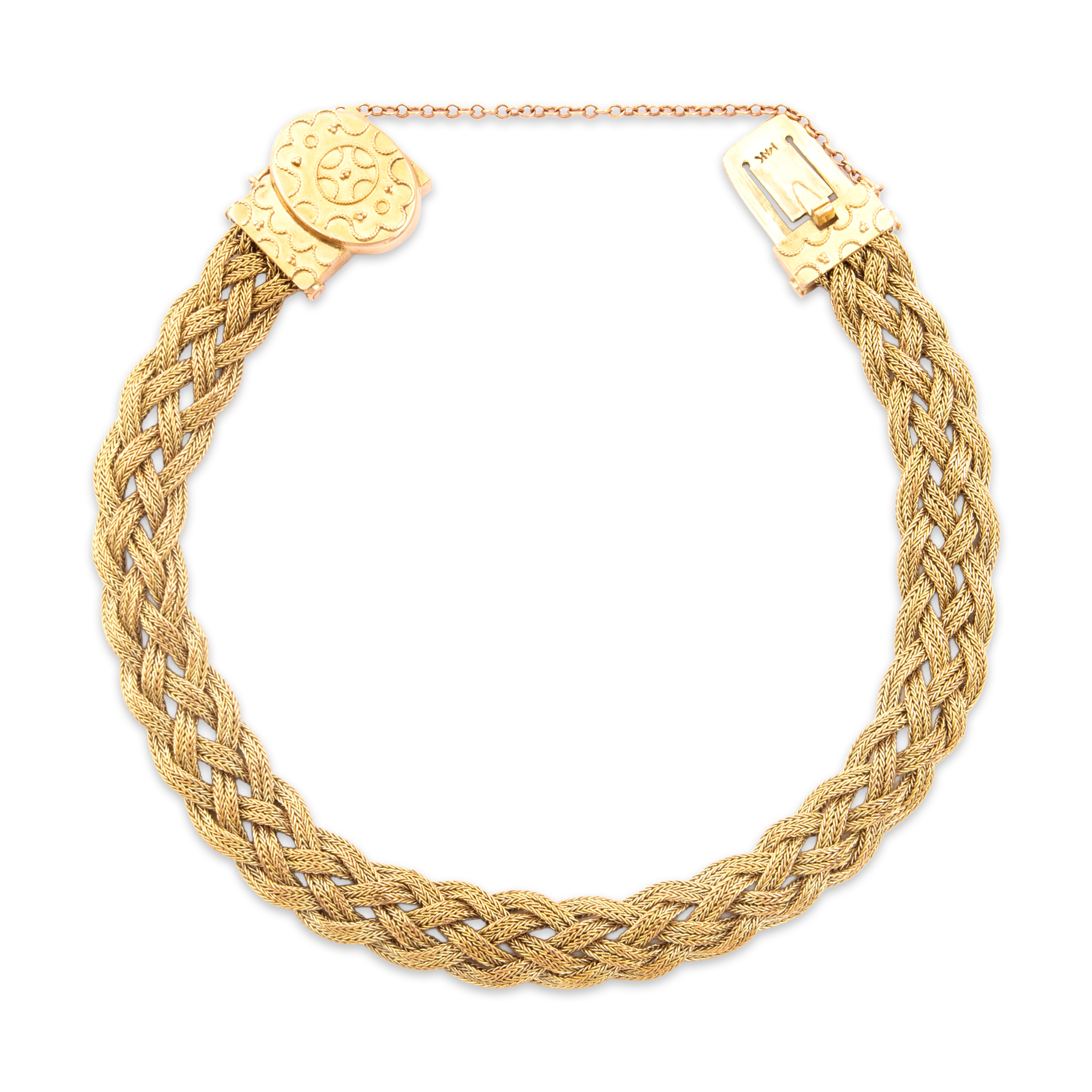 Antique Victorian 14k Yellow Gold Woven Chain Whimsical Decorated Clasp Bracelet - detail view #2