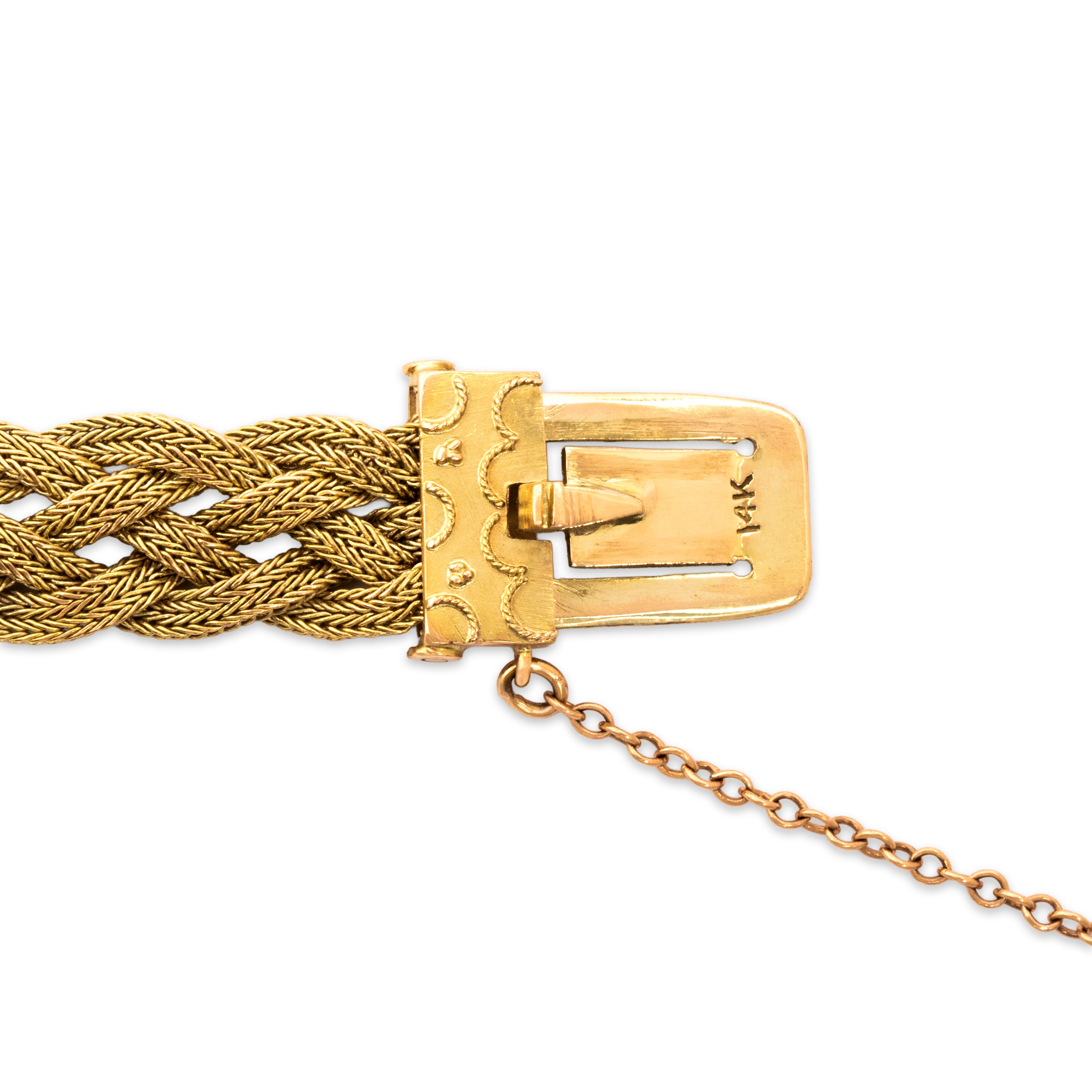 Antique Victorian 14k Yellow Gold Woven Chain Whimsical Decorated Clasp Bracelet - Hallmark view