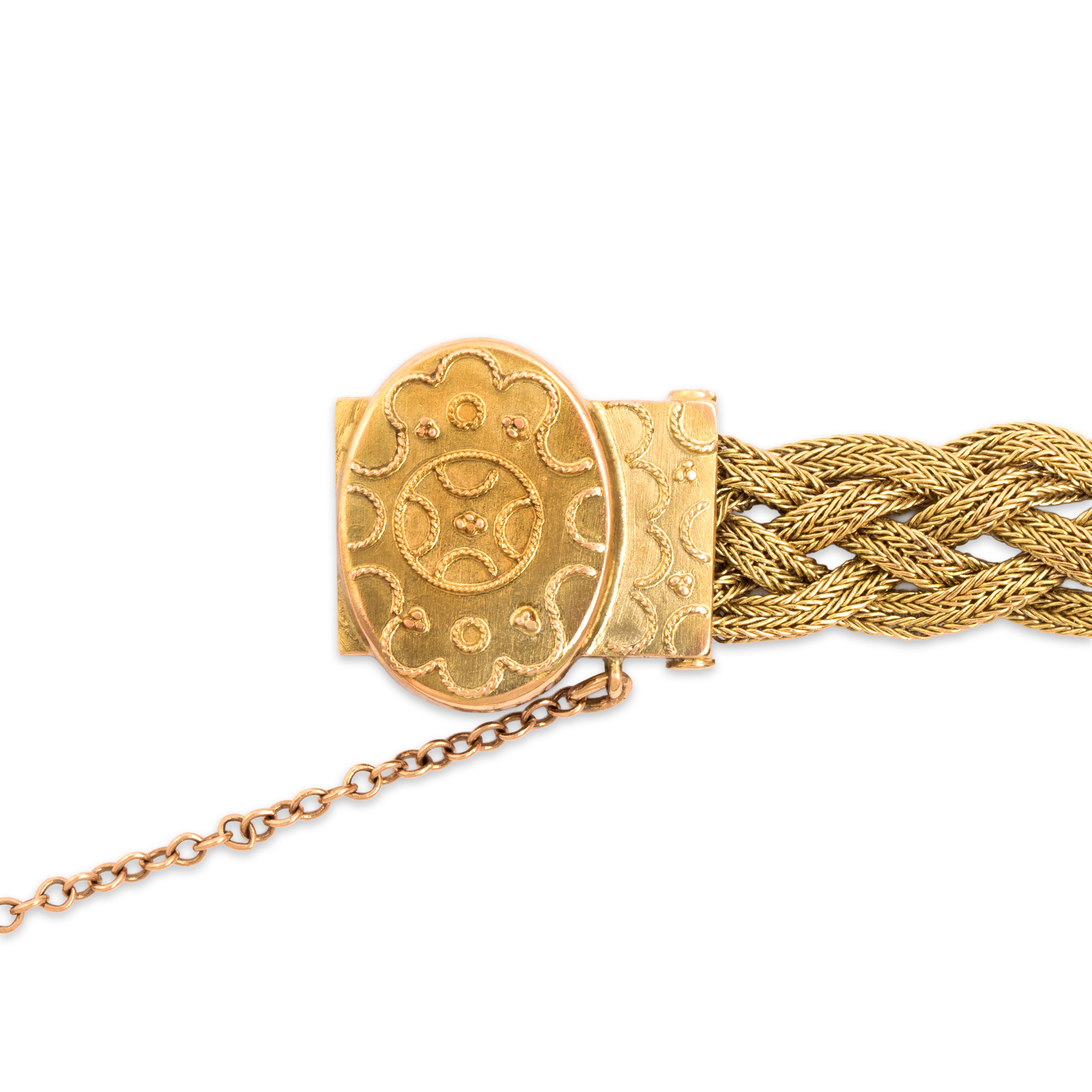 Antique Victorian 14k Yellow Gold Woven Chain Whimsical Decorated Clasp Bracelet - detail view #5