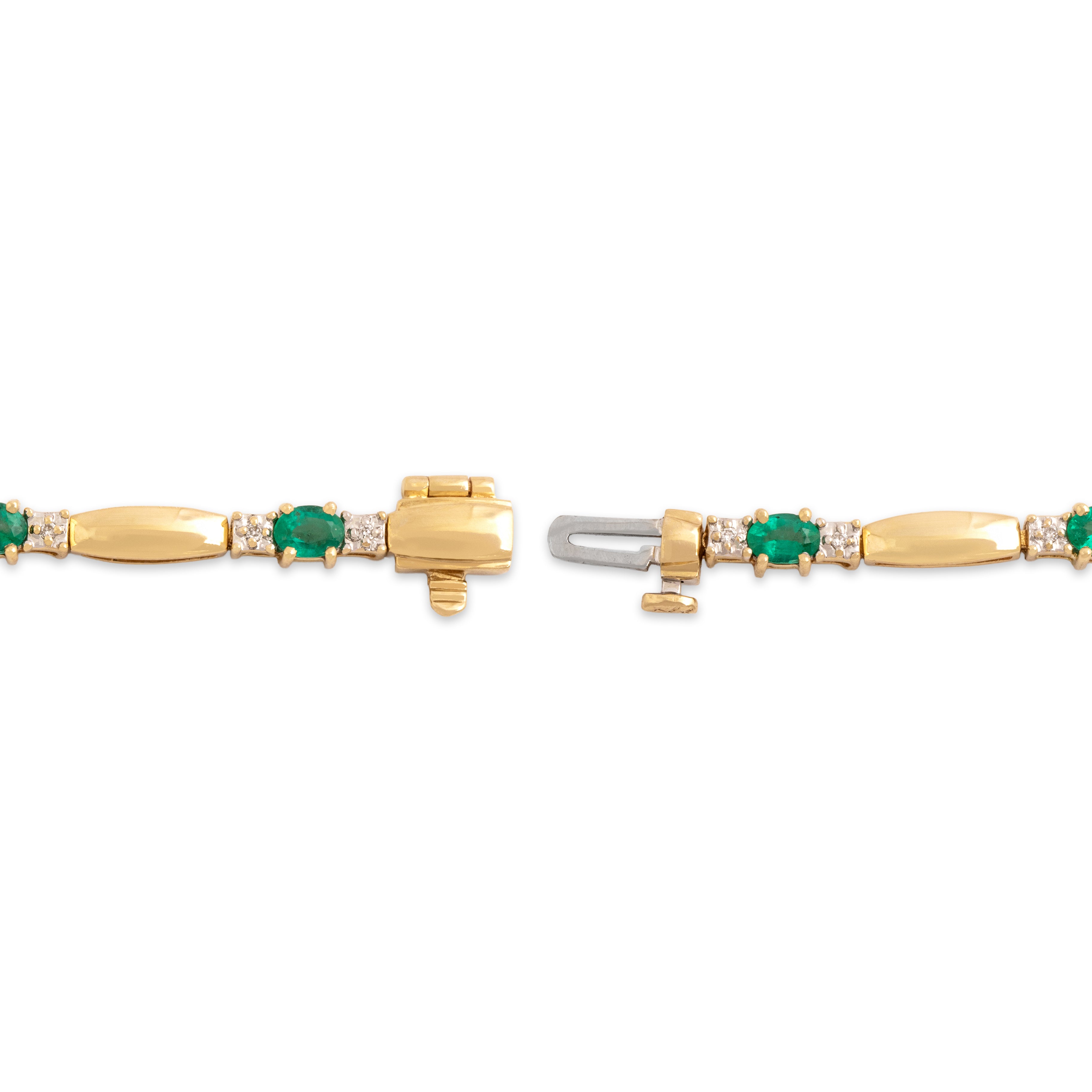 Vintage 14k Yellow Gold 1.47cttw Emerald Diamond Gleaming Trio Link Bracelet - clasp view