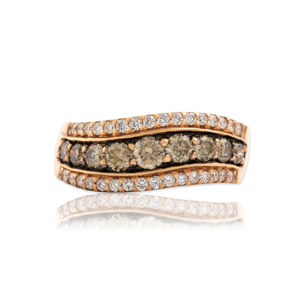 Estate 14k Rose Gold .9cttw Champagne & White Diamond Wavy Band Ring 6.50