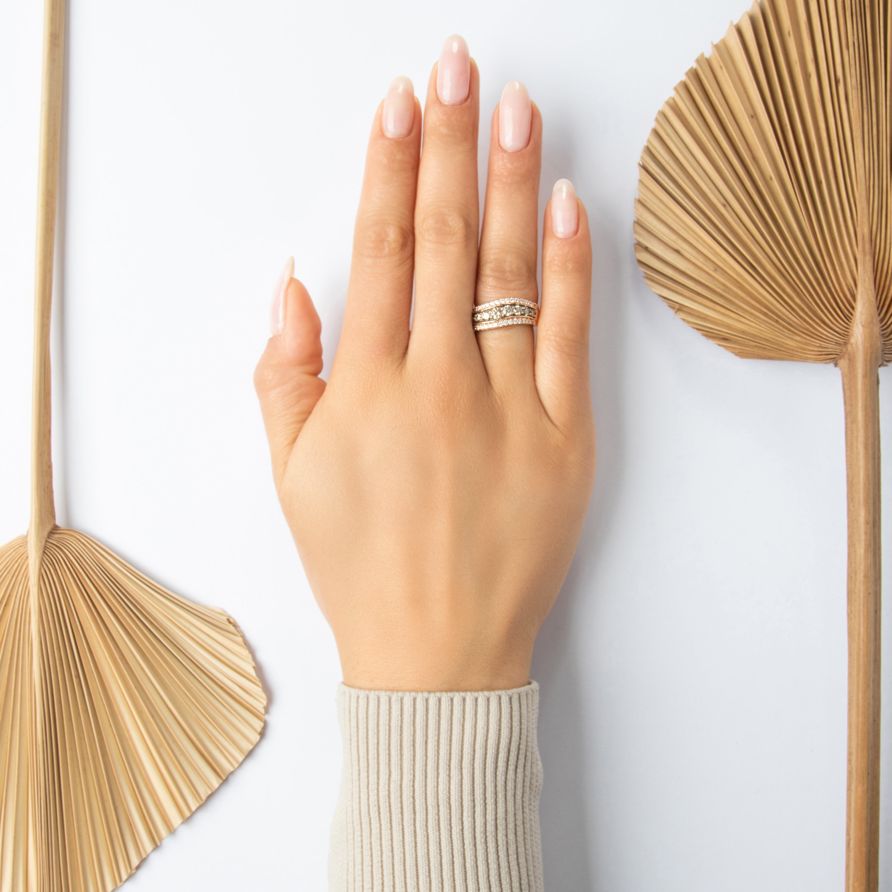 Estate 14k Rose Gold .63cttw Champagne Diamond Diamond Sparkling Wavy Band Ring - On model view