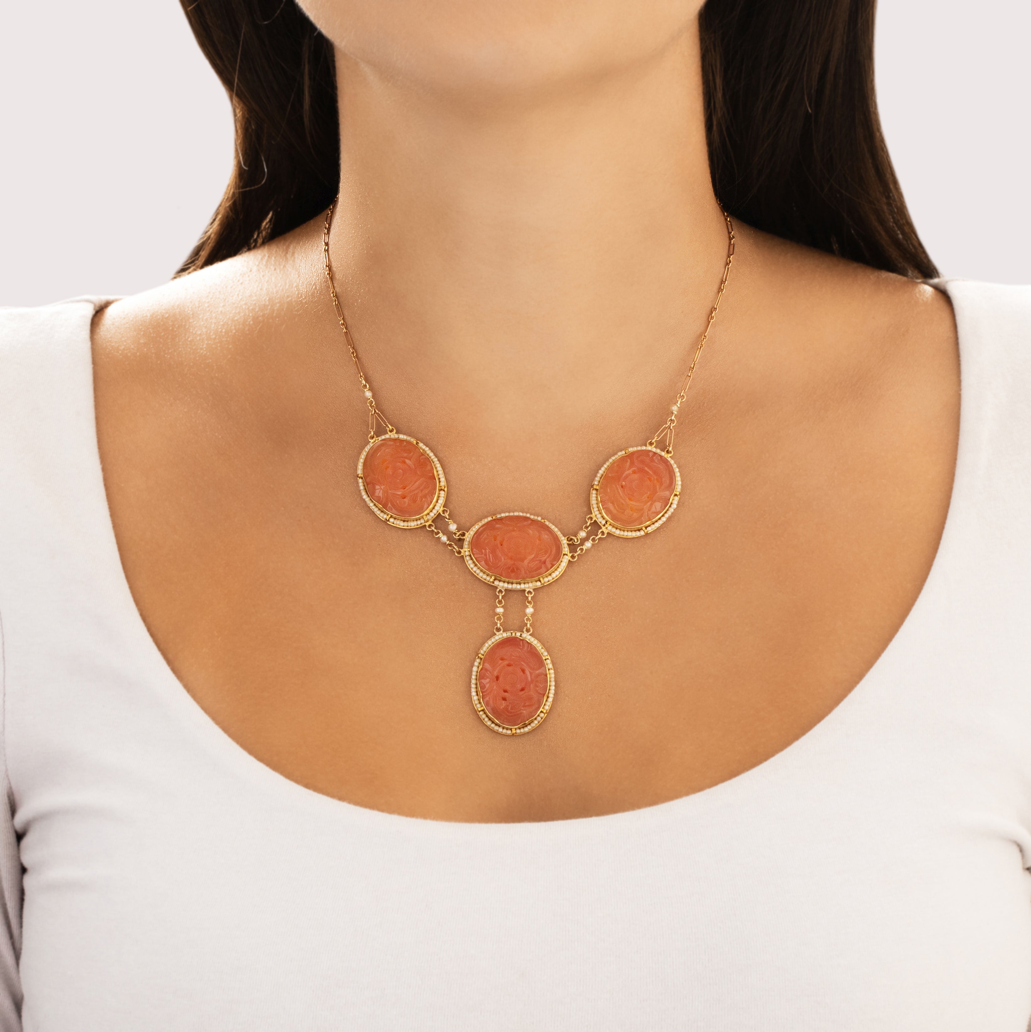 Antique Substantial 14k Yellow Gold Carnelian Seed Pearl Carved Rose Necklace - On model view