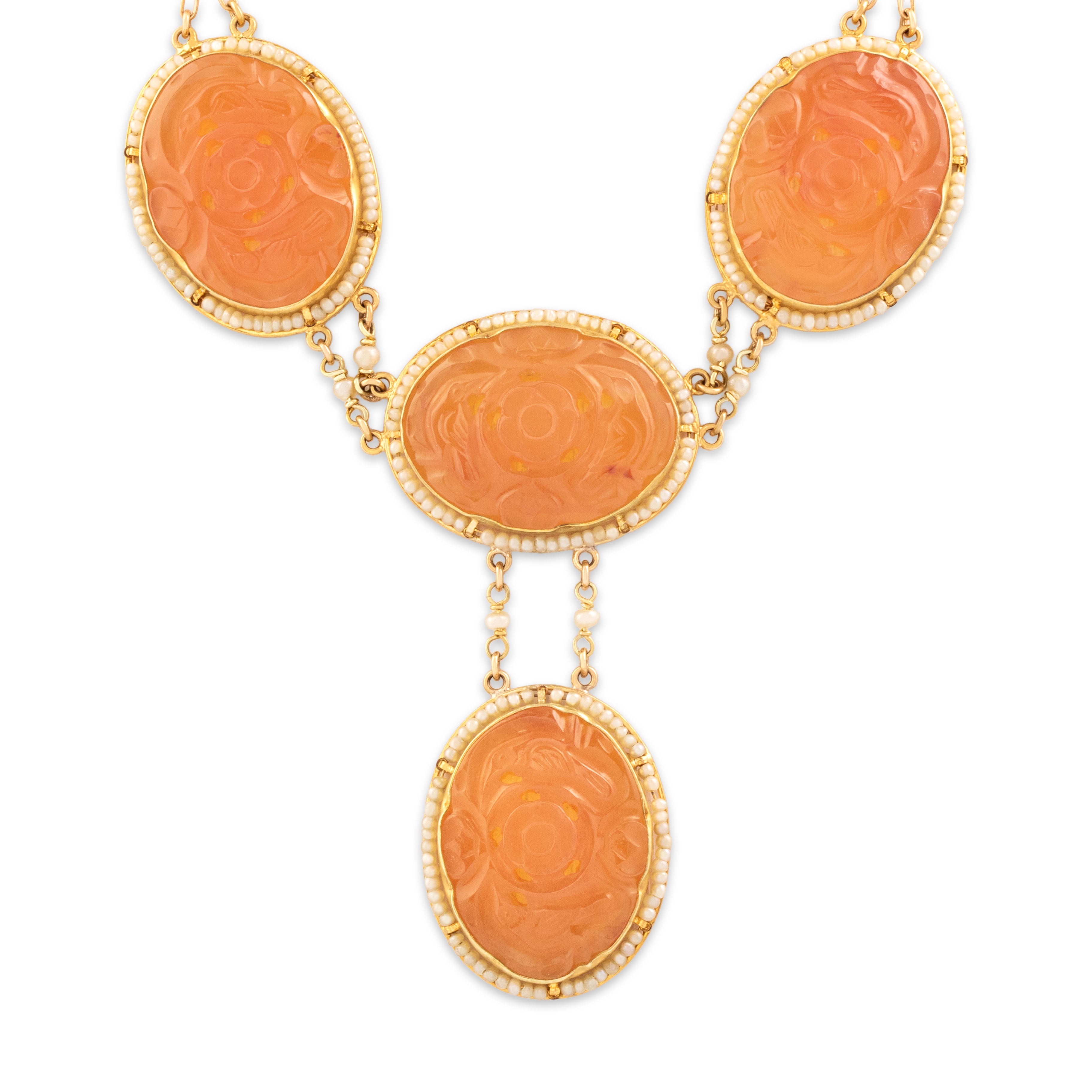 Antique Substantial 14k Yellow Gold Carnelian Seed Pearl Carved Rose Necklace - detail view #1