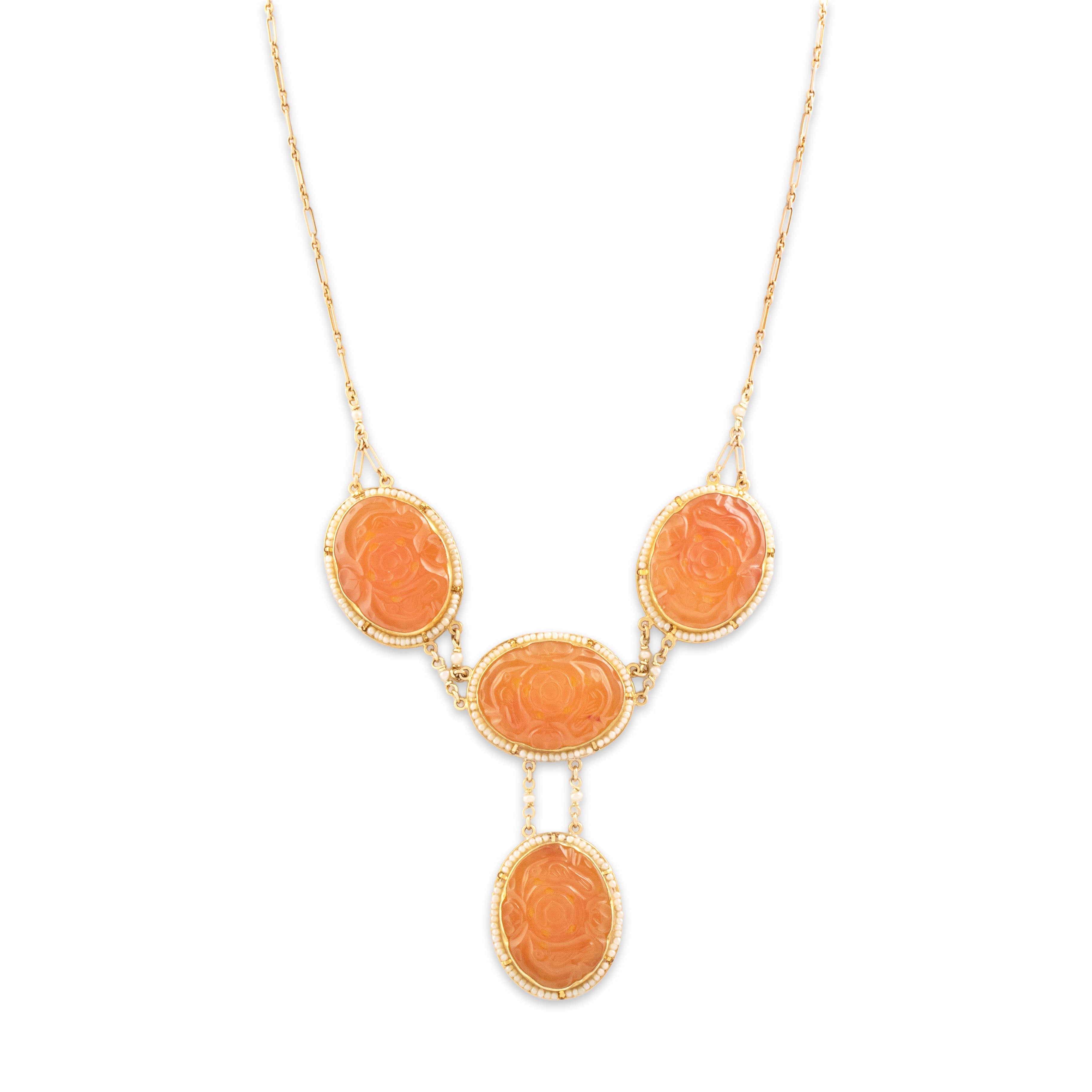 Antique Substantial 14k Yellow Gold Carnelian Seed Pearl Carved Rose Necklace - Close-up view