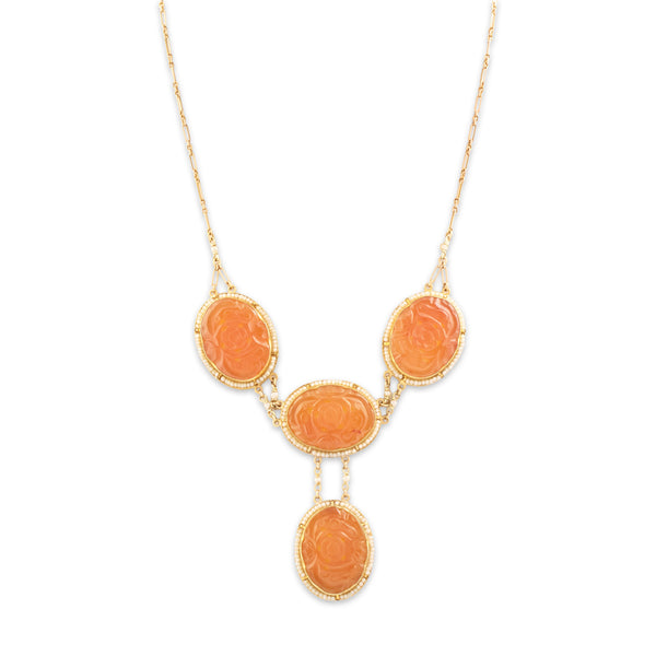 Antique Substantial 14k Yellow Gold Carnelian Seed Pearl Carved Rose Necklace 16.5