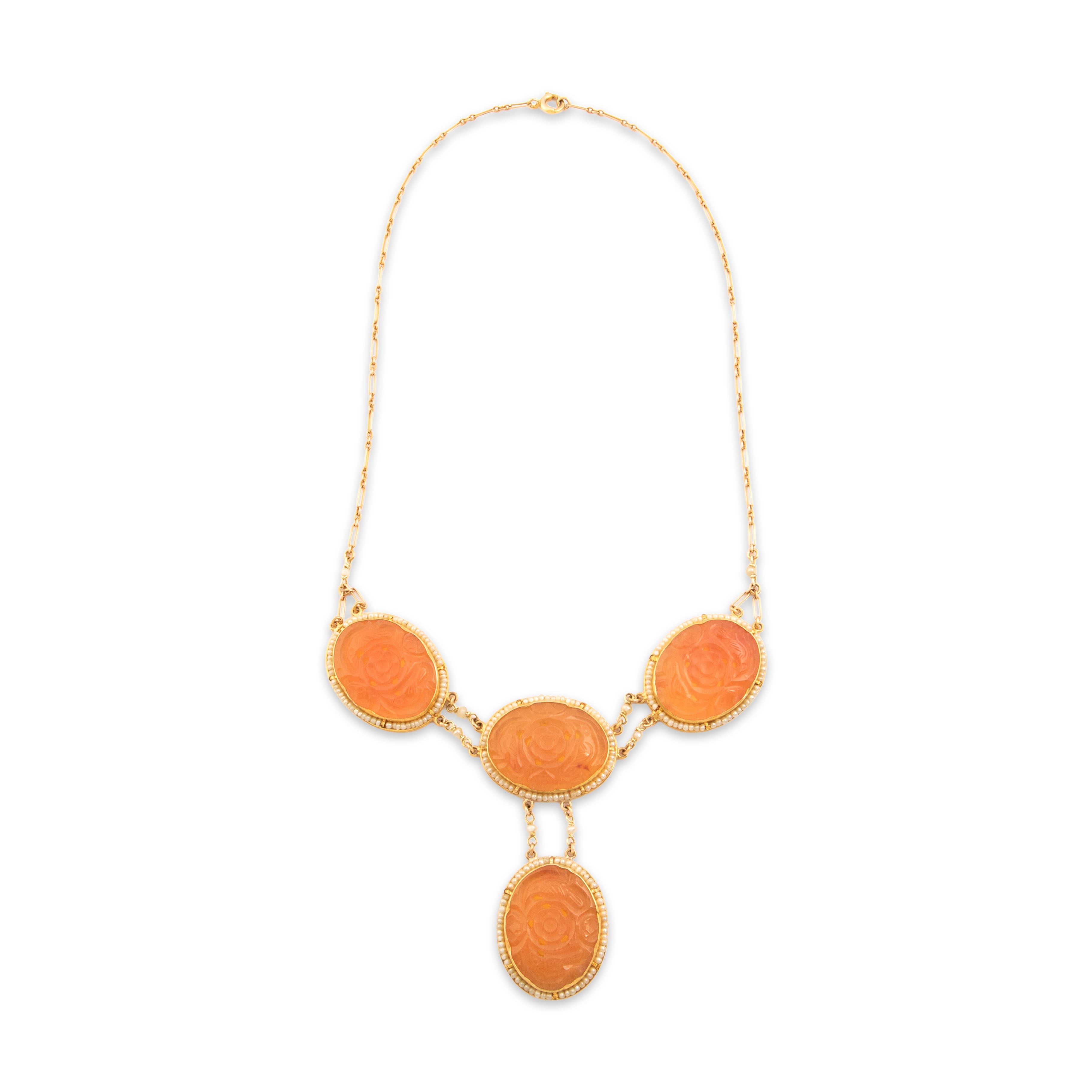Antique Substantial 14k Yellow Gold Carnelian Seed Pearl Carved Rose Necklace - Overall view