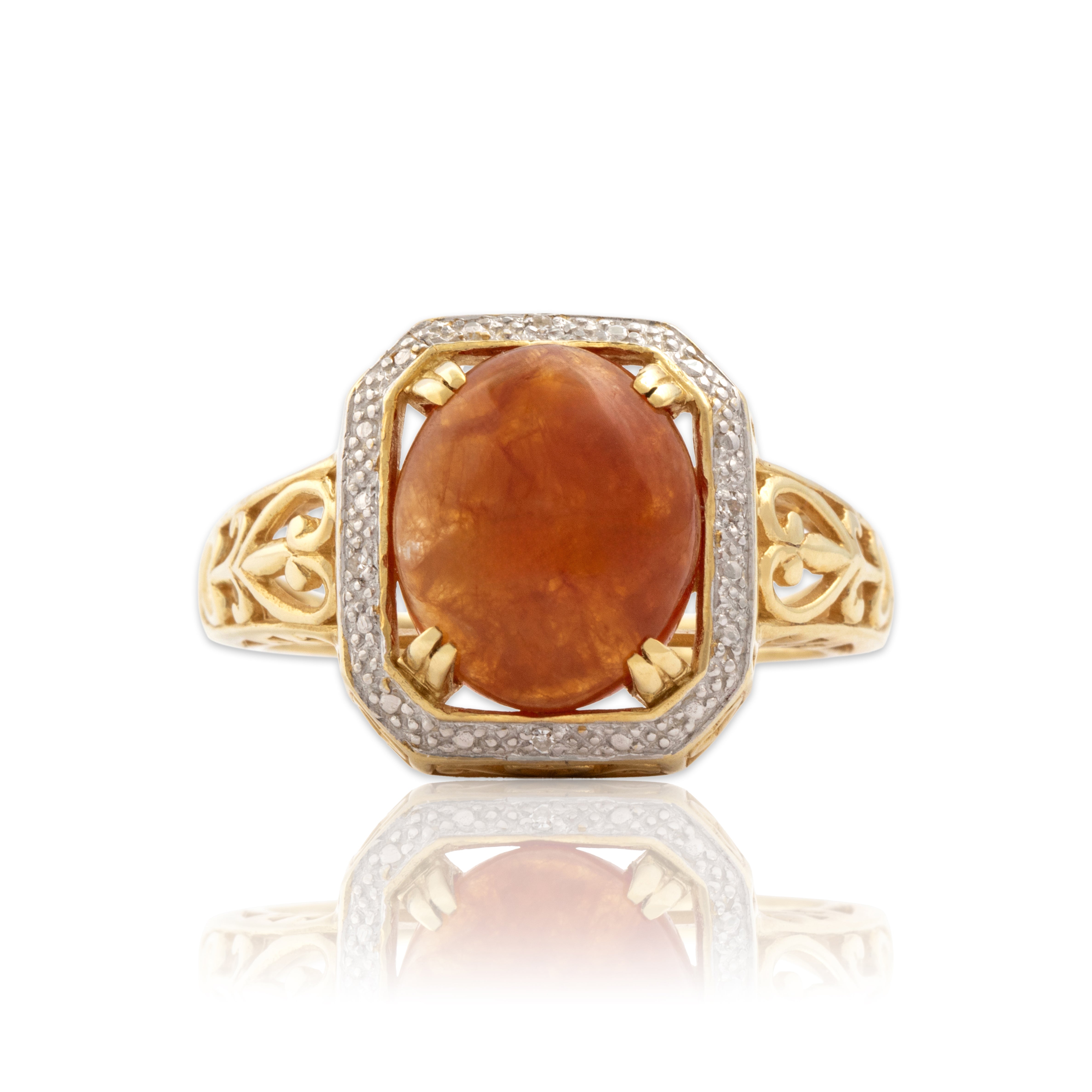 Vintage 14k Yellow & White Gold 4.59ct Orange Jade Diamond Hearts Ring 9.00