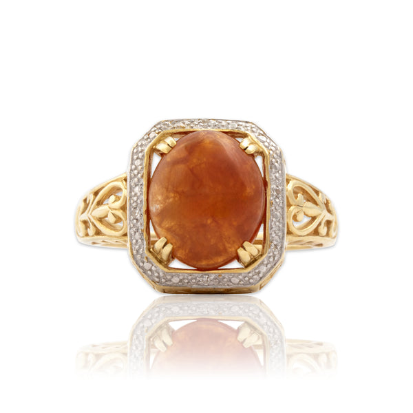 Vintage 14k Yellow & White Gold 4.59ct Orange Jade Diamond Hearts Ring 9.00