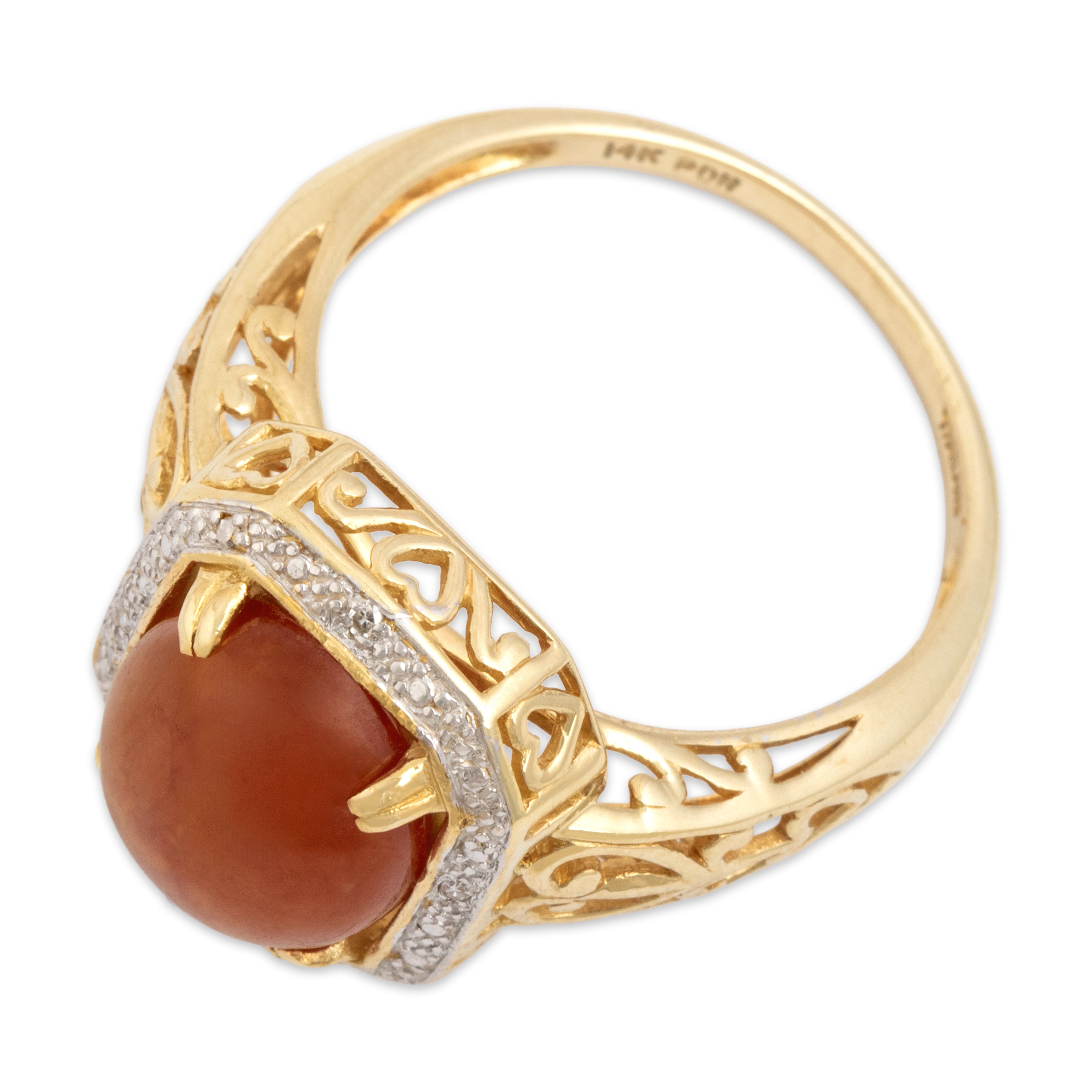Vintage 14k Yellow & White Gold 4.59ct Orange Jade Diamond Hearts Ring 9.00