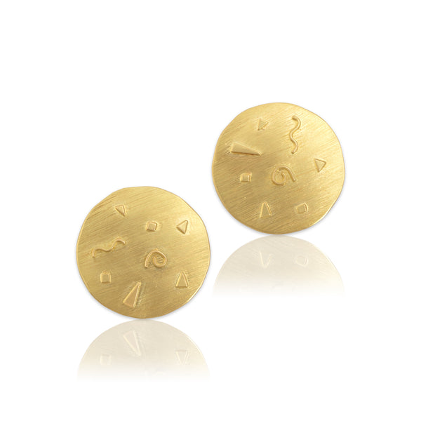 Vintage 18k Yellow Gold Funky Artistic Disc Stud Earrings