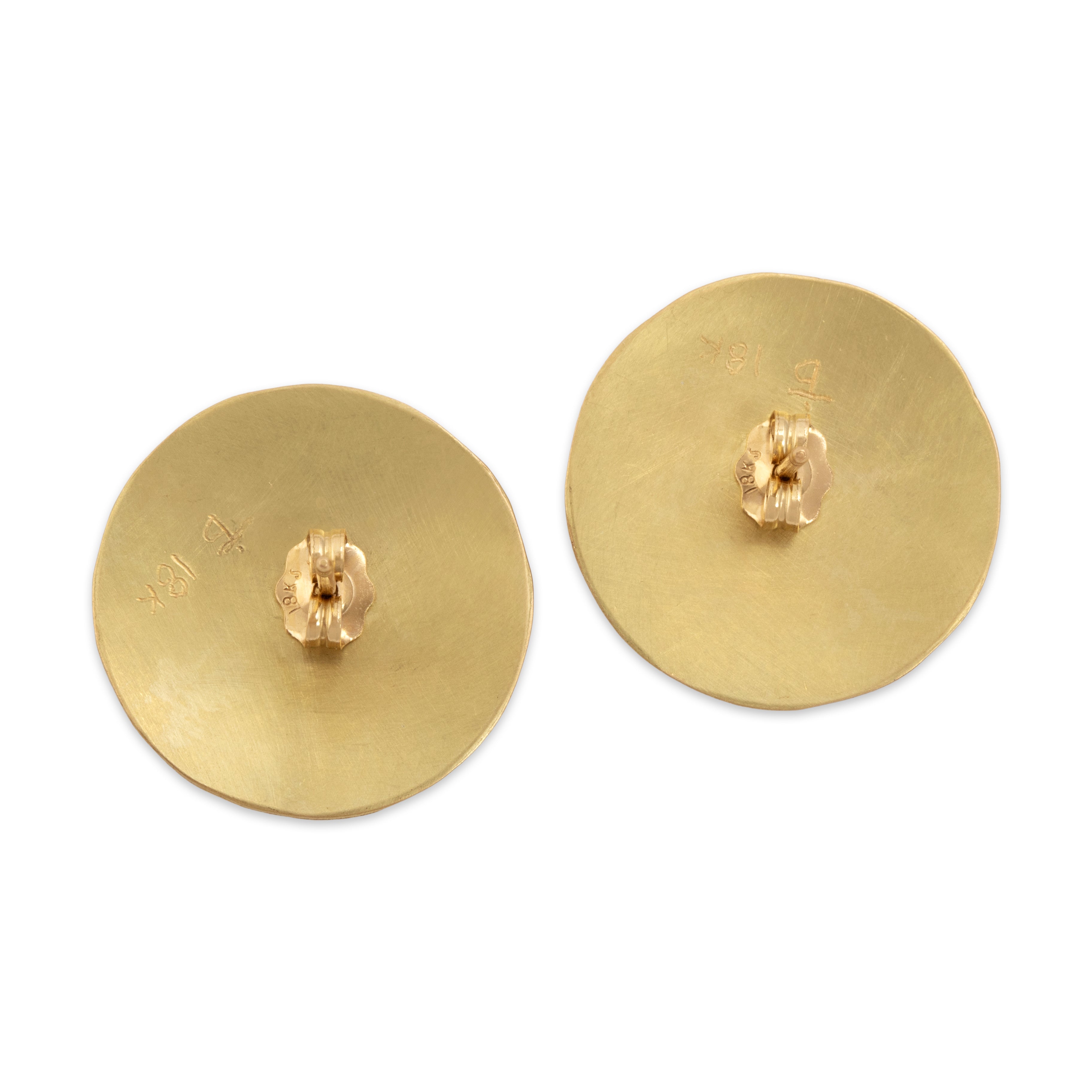 Vintage 18k Yellow Gold Funky Artistic Disc Stud Earrings - Back view
