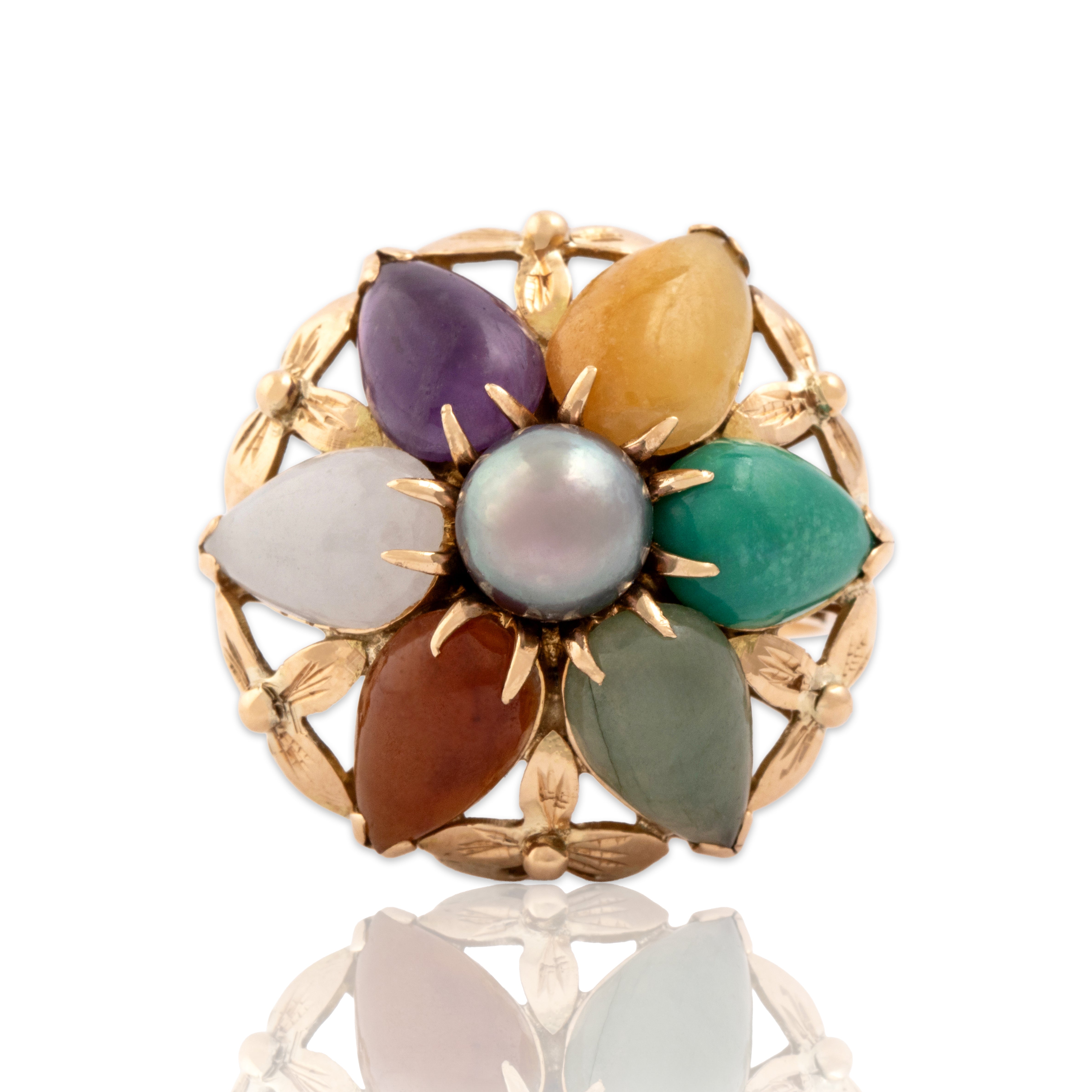 Vintage 18k Yellow Gold 3.59cttw Jade .8ct Amethyst .79ct Green Turquoise Tahitian Pearl Retro Naturalistic Flower Ring - Close-up view