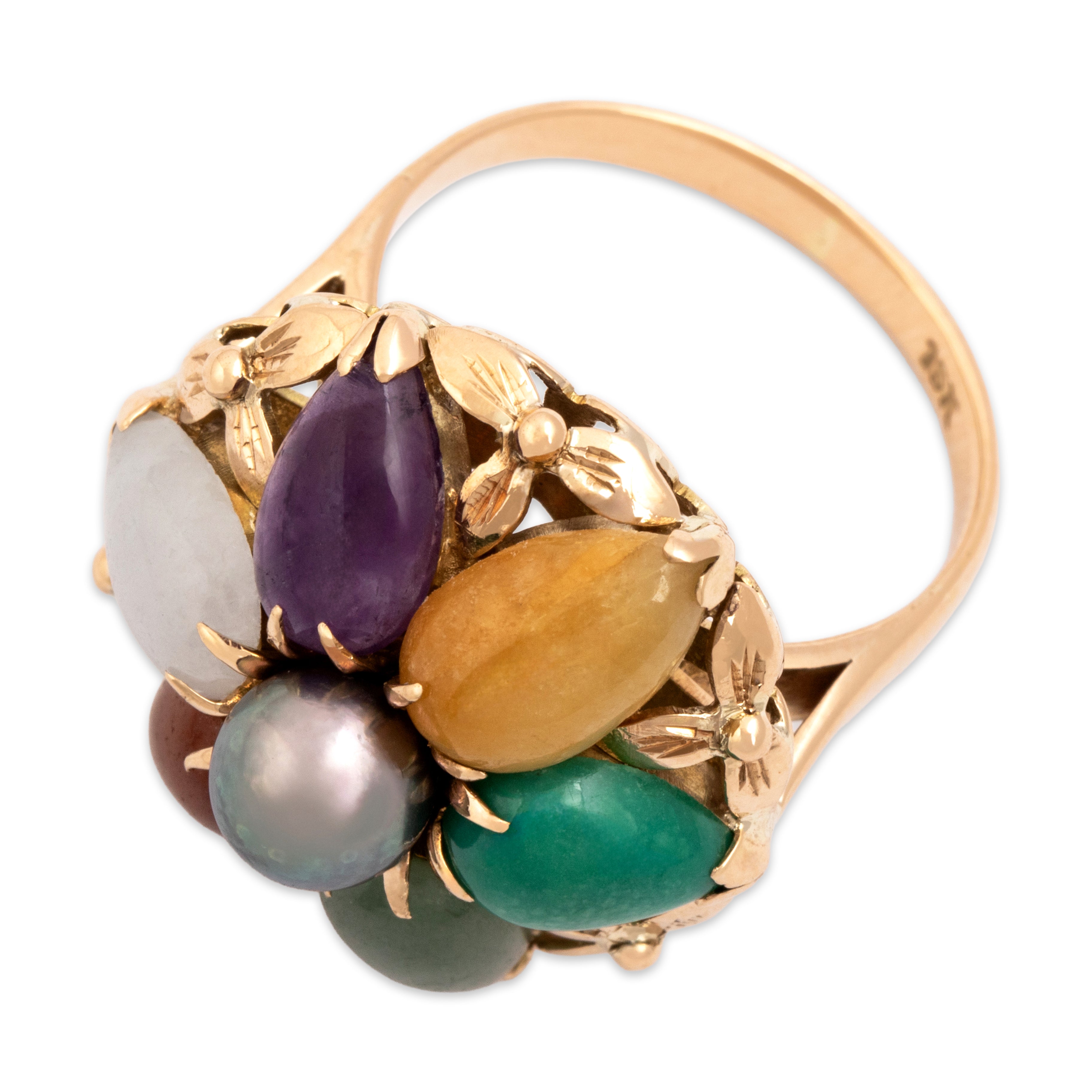 Vintage 18k Yellow Gold 3.59cttw Jade .8ct Amethyst .79ct Green Turquoise Tahitian Pearl Retro Naturalistic Flower Ring - Overall view