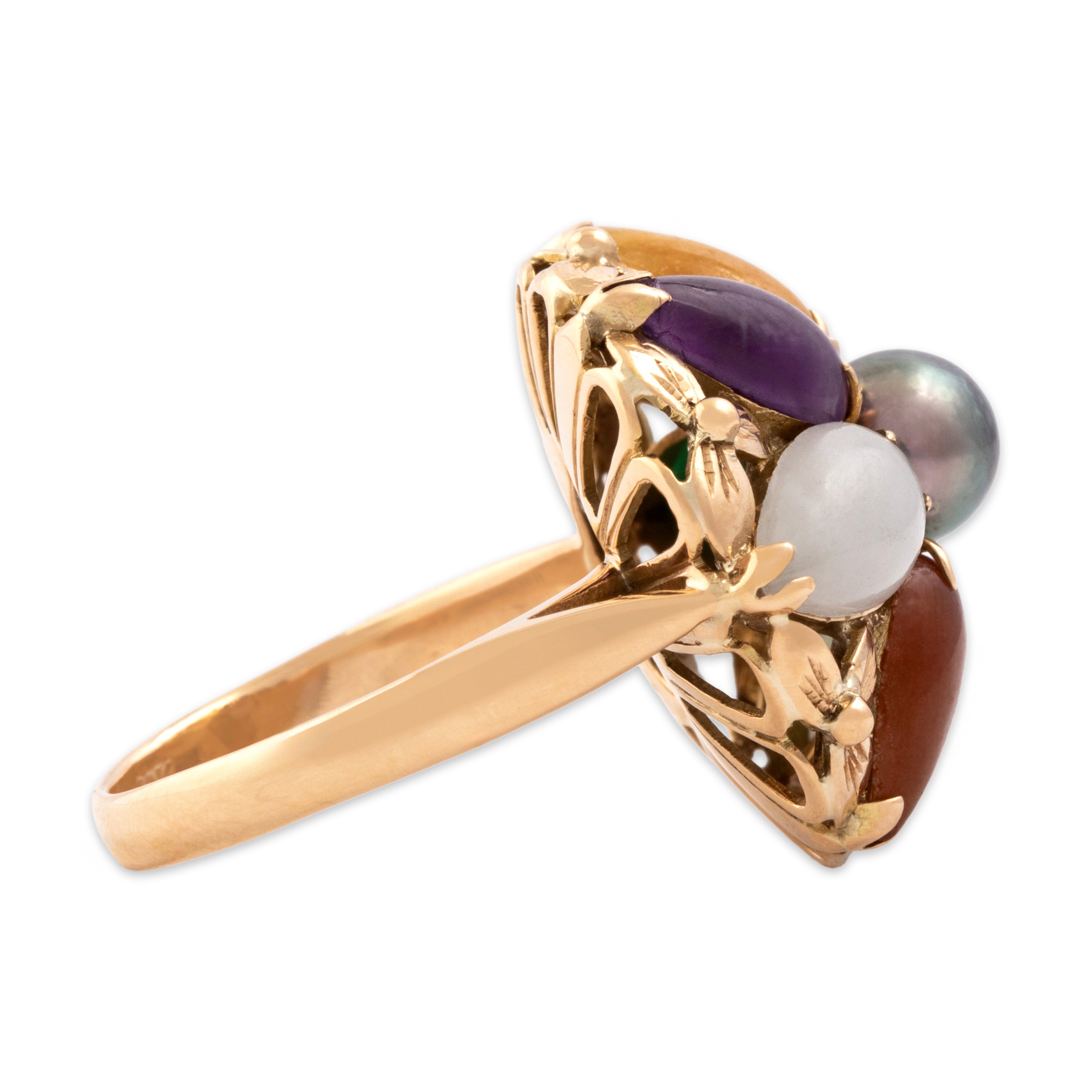 Vintage 18k Yellow Gold 3.59cttw Jade .8ct Amethyst .79ct Green Turquoise Tahitian Pearl Retro Naturalistic Flower Ring - Side view