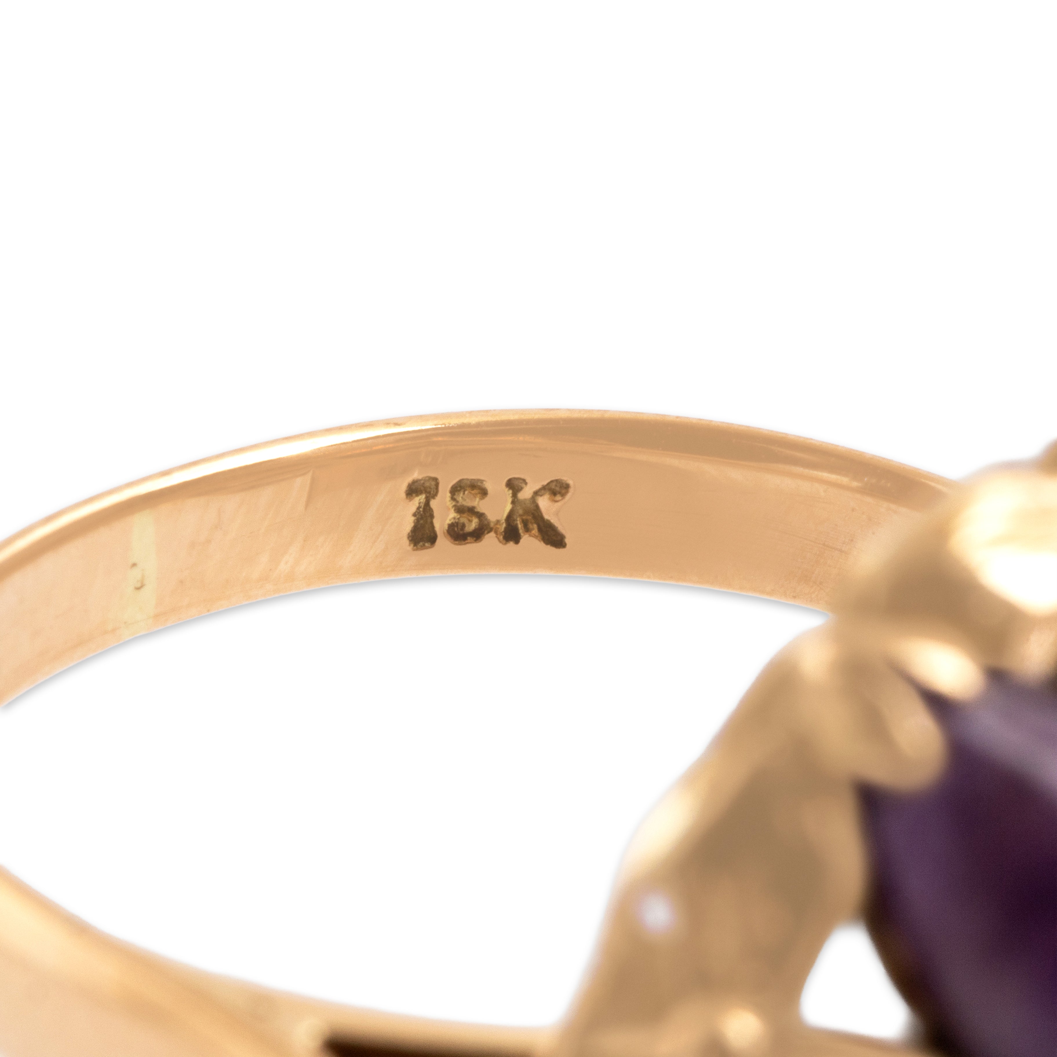Vintage 18k Yellow Gold 3.59cttw Jade .8ct Amethyst .79ct Green Turquoise Tahitian Pearl Retro Naturalistic Flower Ring - Hallmark view