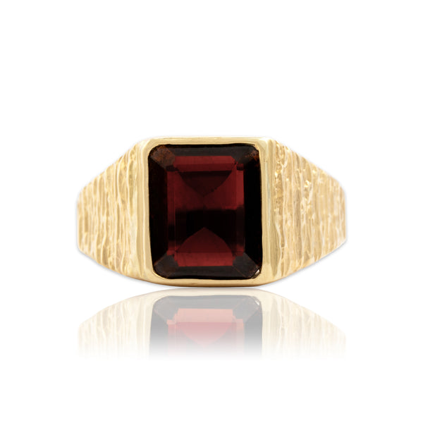 Vintage Heavy 14k Yellow Gold 4.21ct Garnet Brutalist Textured Signet Ring 10.00