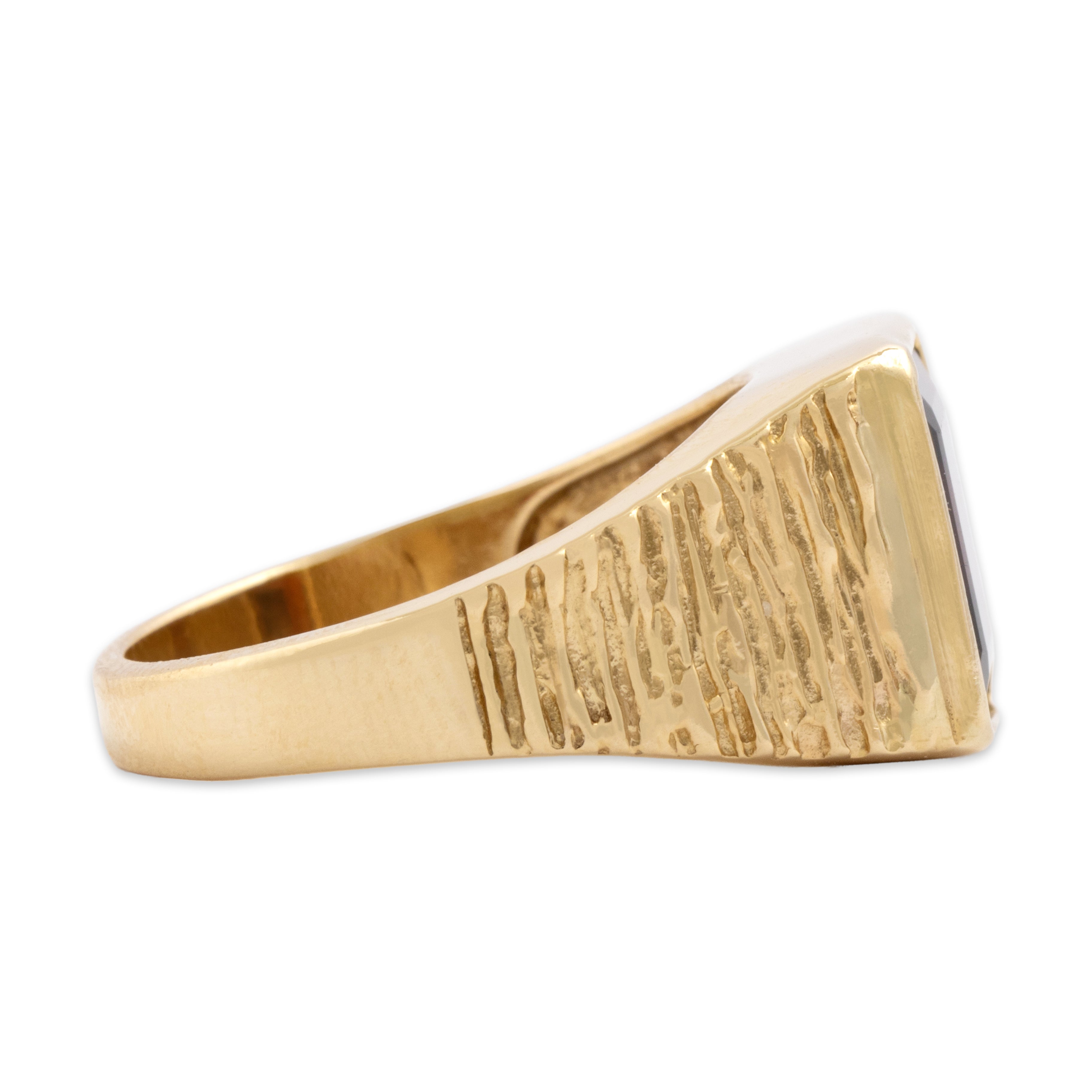 Vintage Heavy 14k Yellow Gold 4.21ct Garnet Bold Brutalist Textured Signet Ring - Side view