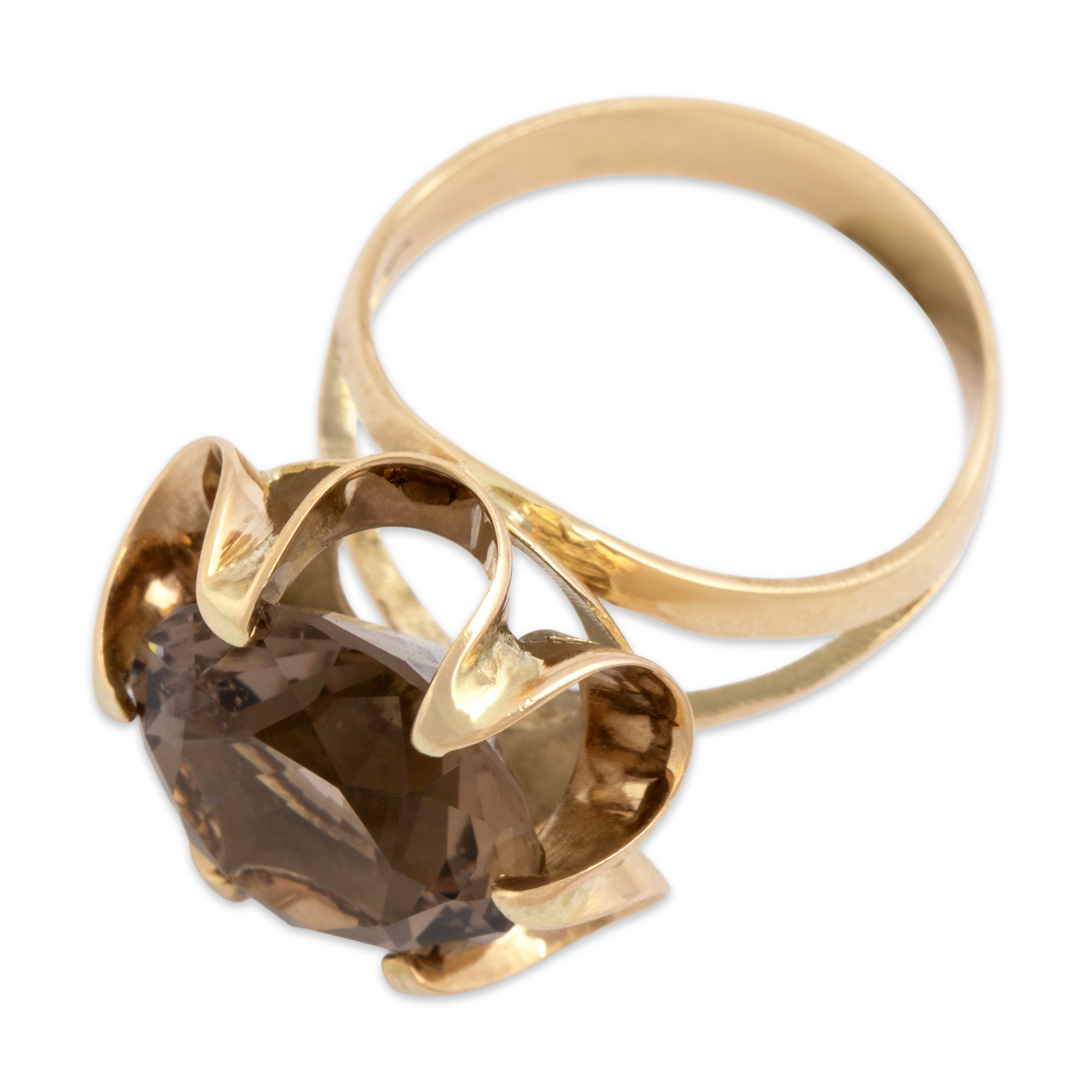 Vintage 14k Yellow Gold 6.82ct Smoky Quartz Fabulous Buttercup-Set Solitaire Cocktail Ring - Overall view