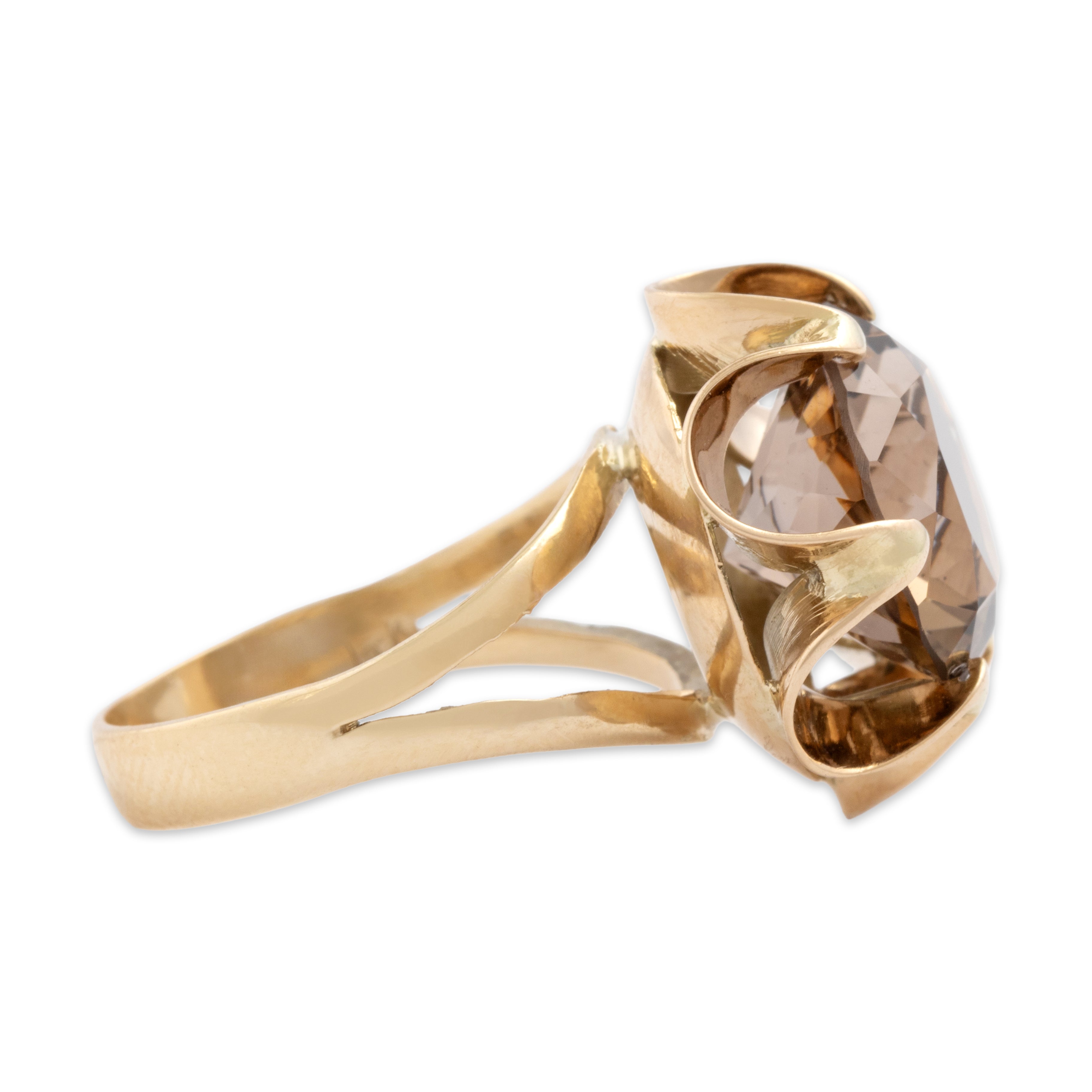 Vintage 14k Yellow Gold 6.82ct Smoky Quartz Fabulous Buttercup-Set Solitaire Cocktail Ring - Side view