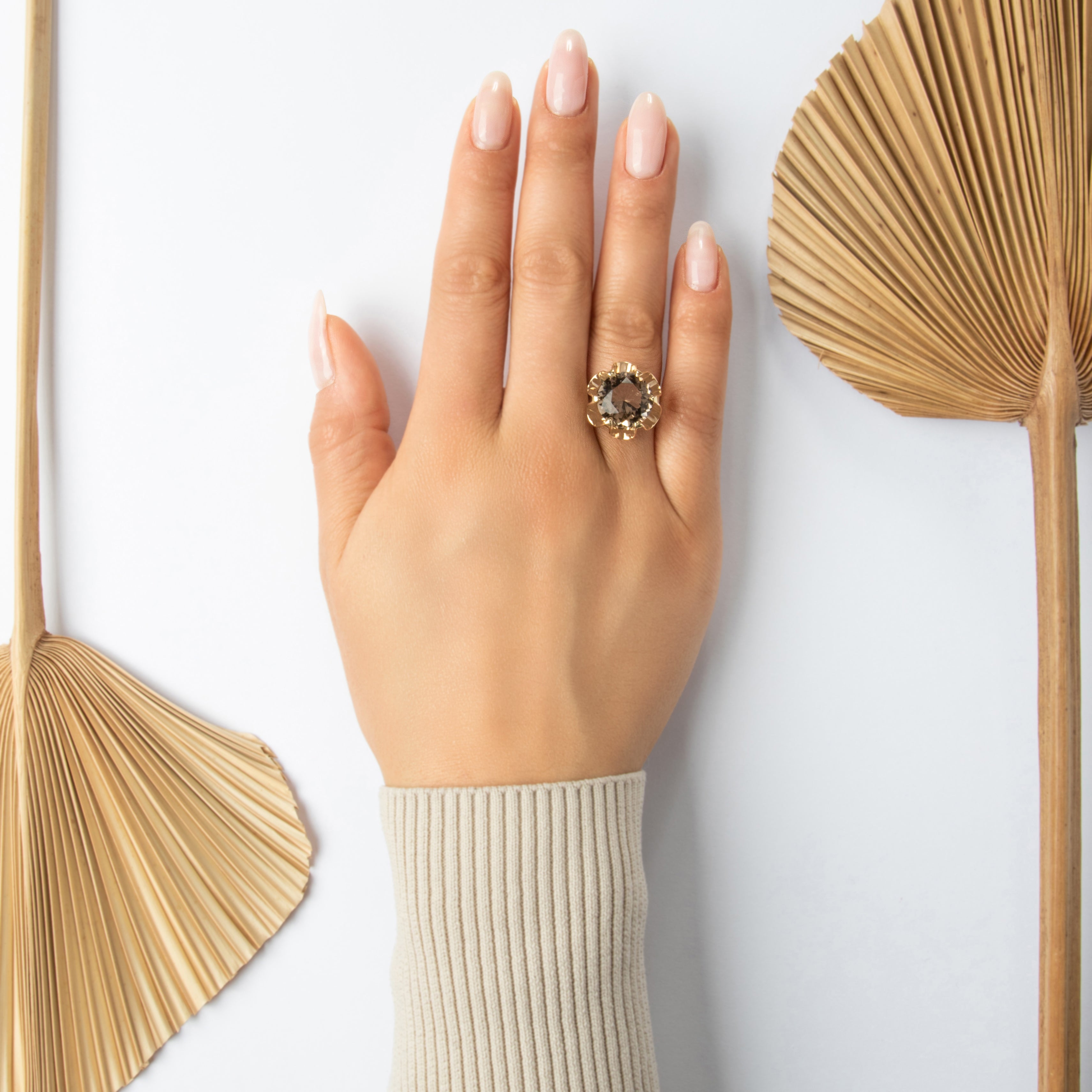 Vintage 14k Yellow Gold 6.82ct Smoky Quartz Fabulous Buttercup-Set Solitaire Cocktail Ring - On model view