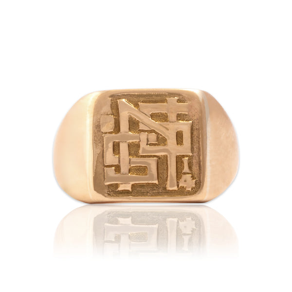 Antique 14k Rosy Yellow Gold Geometric Monogram Signet Ring 5.25