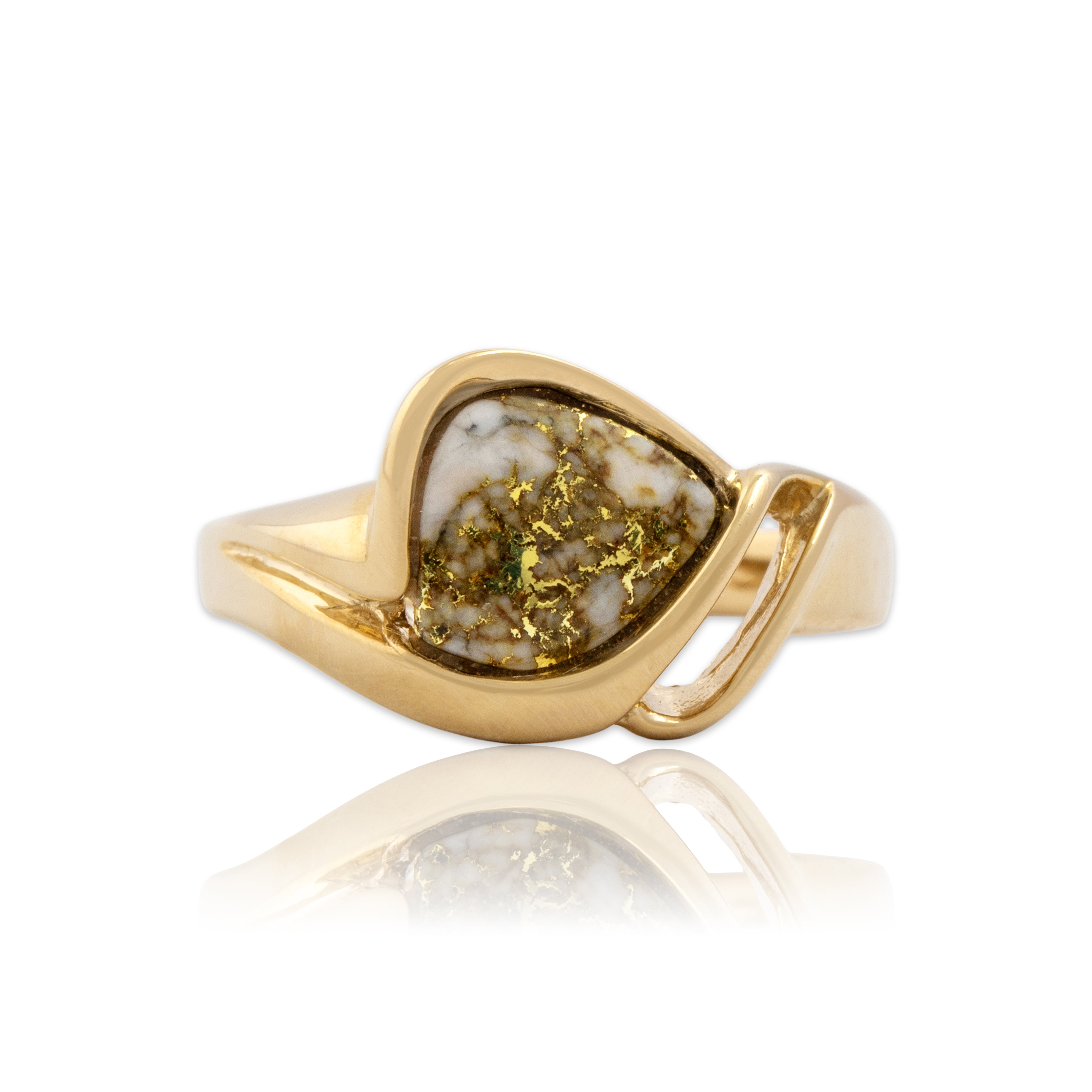 Vintage 14k Yellow Gold 1ct Gold Vein Quartz Artistic Freeform Cabochon Ring 7.50