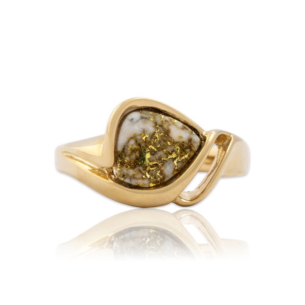 Vintage 14k Yellow Gold 1ct Gold Vein Quartz Artistic Freeform Cabochon Ring 7.50