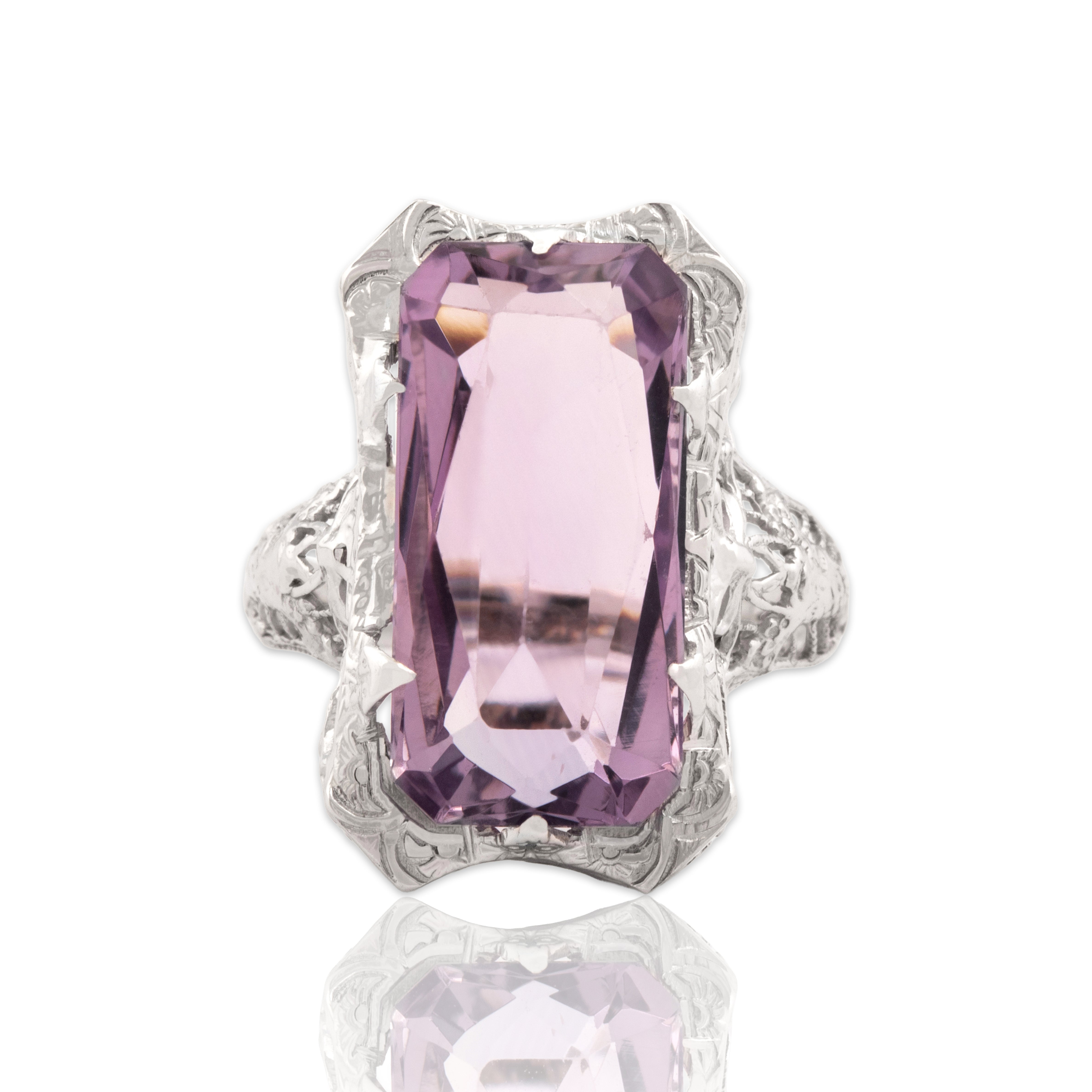Antique Art Deco 14k White Gold 6.75ct Amethyst Openwork Ring 6.25