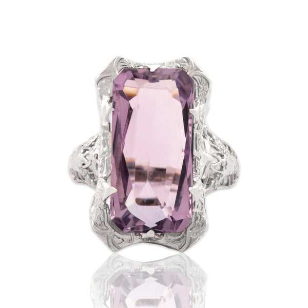 Antique Art Deco 14k White Gold 6.75ct Amethyst Openwork Ring 6.25