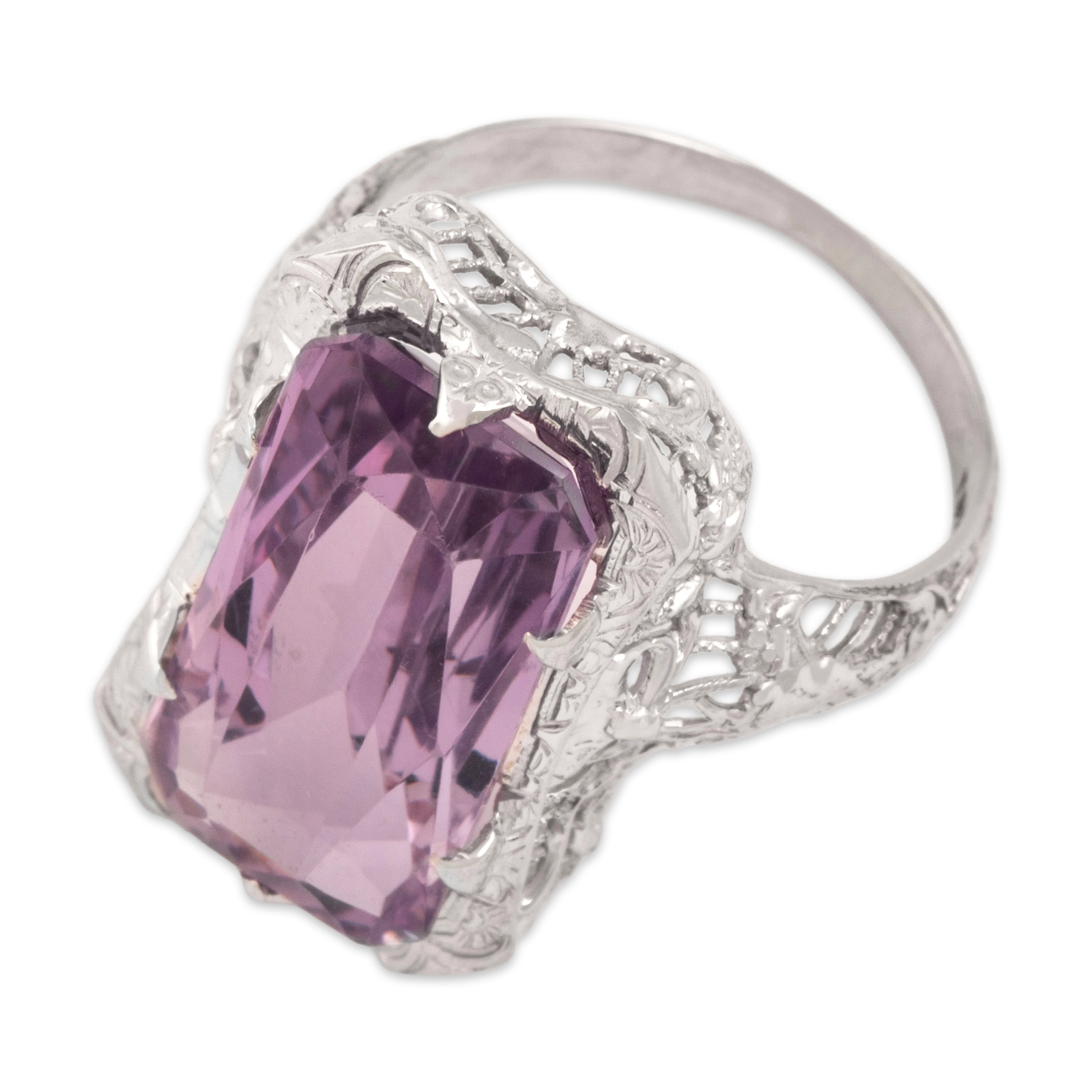 Antique Art Deco 14k White Gold 6.75ct Amethyst Openwork Ring 6.25