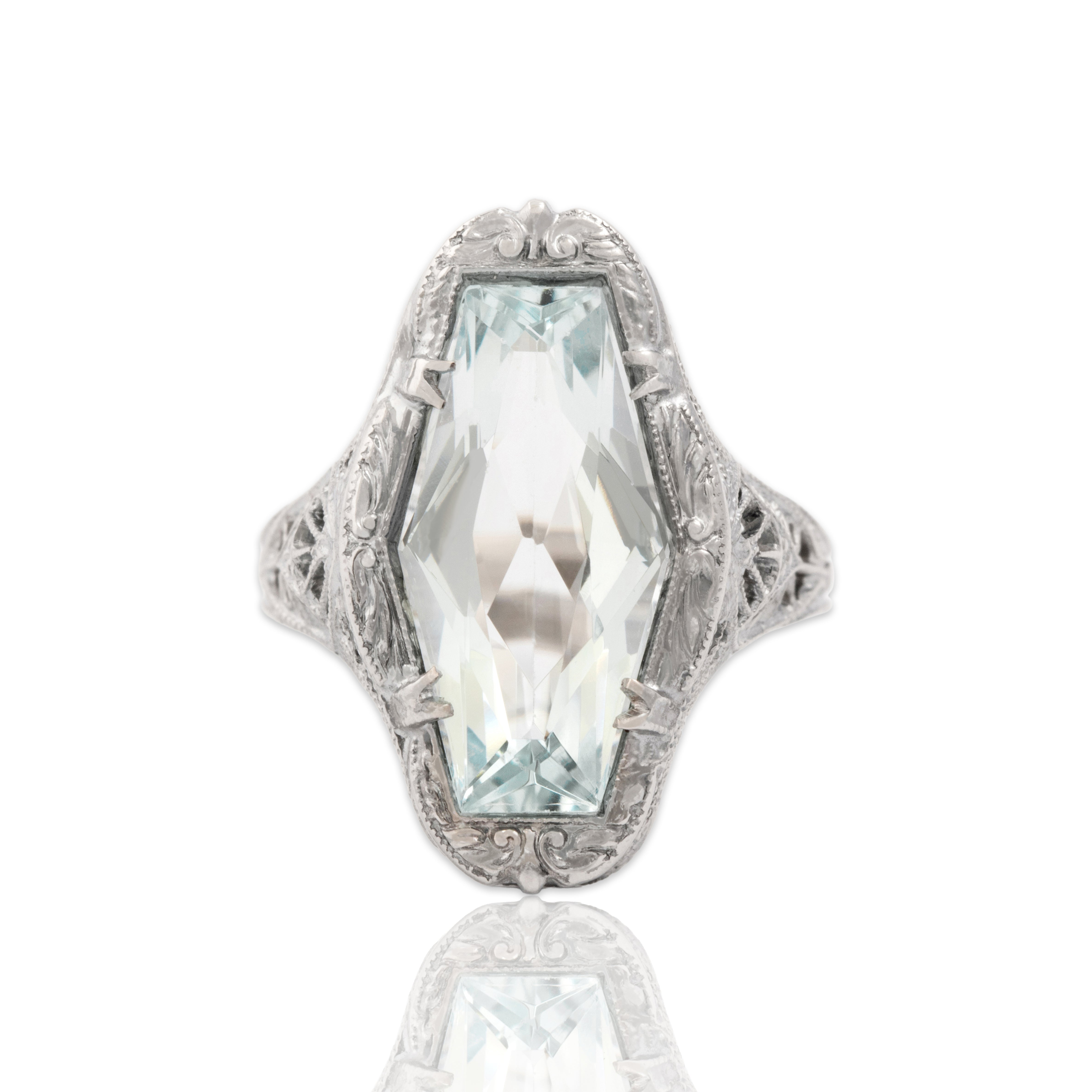 Antique Art Deco 14k White Gold 2.73ct Aquamarine Incredible Coffin Ring 5.75
