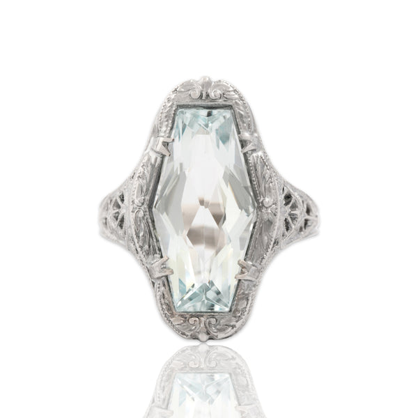 Antique Art Deco 14k White Gold 2.73ct Aquamarine Incredible Coffin Ring 5.75
