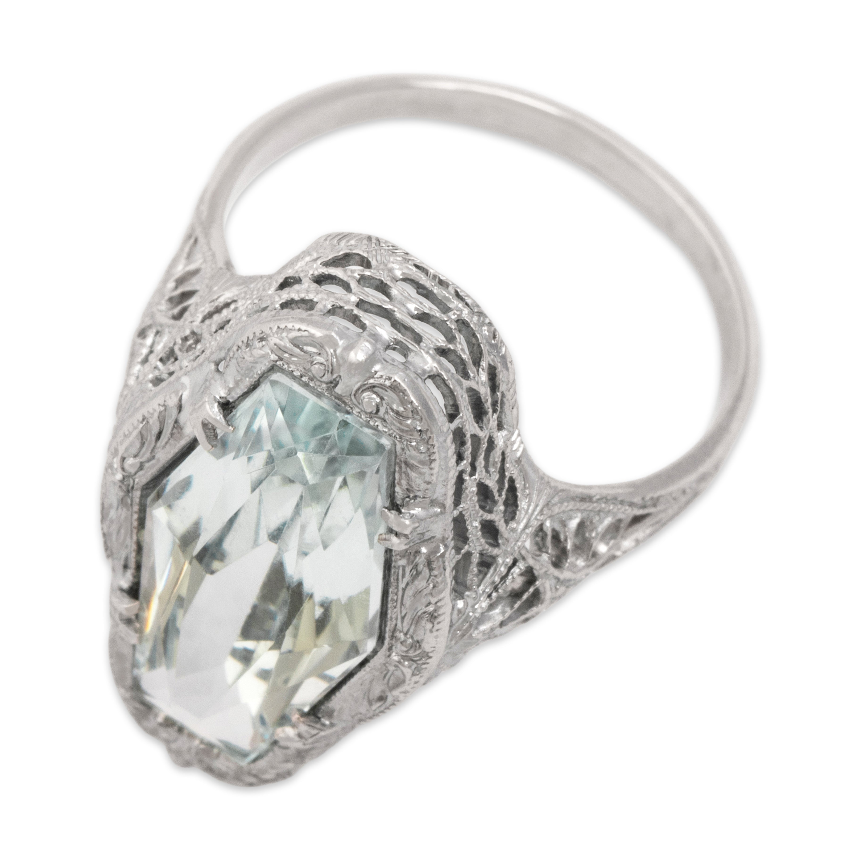Antique Art Deco 14k White Gold 2.73ct Aquamarine Incredible Coffin Ring 5.75
