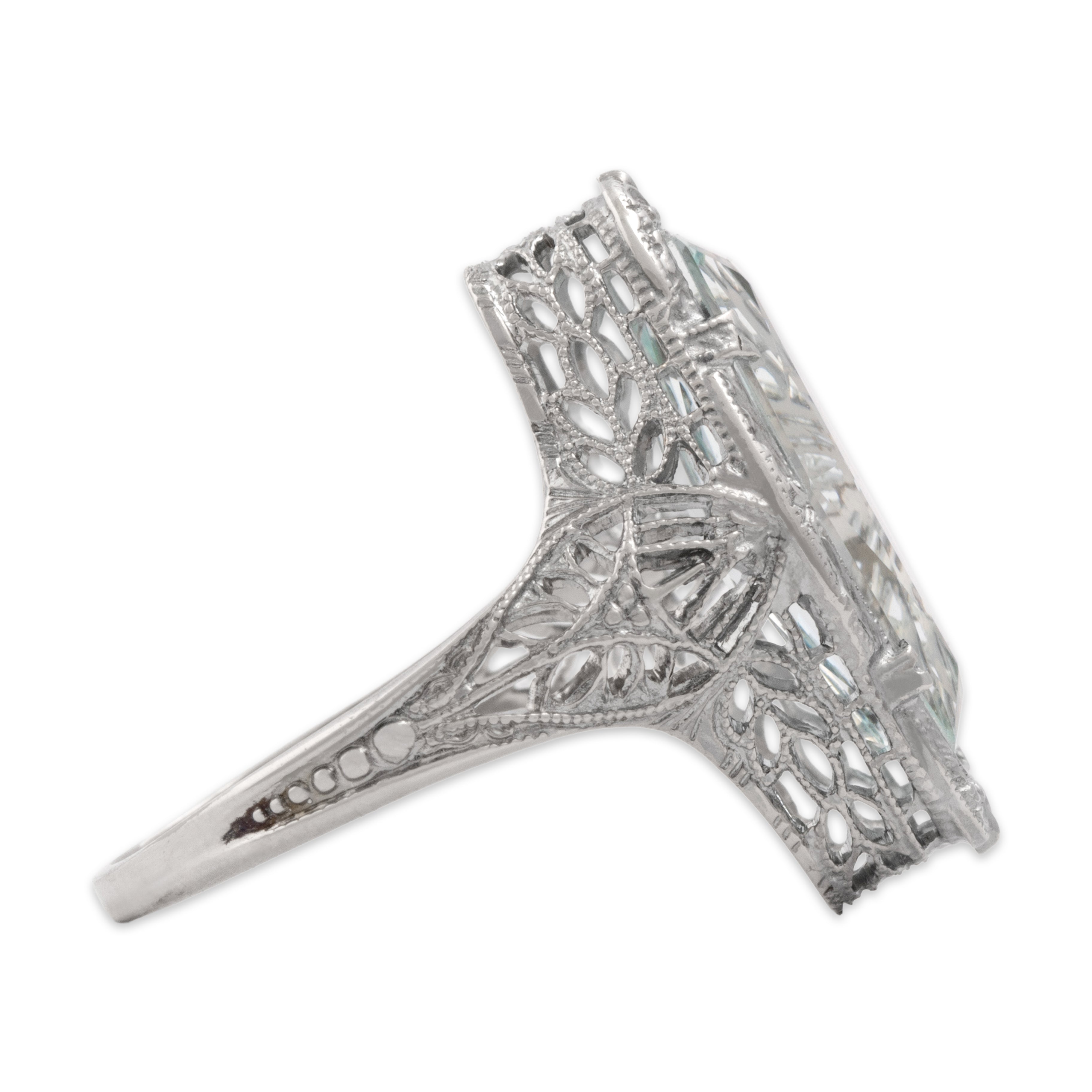 Antique Art Deco 14k White Gold 2.73ct Aquamarine Incredible Detailed Coffin Ring - Side view