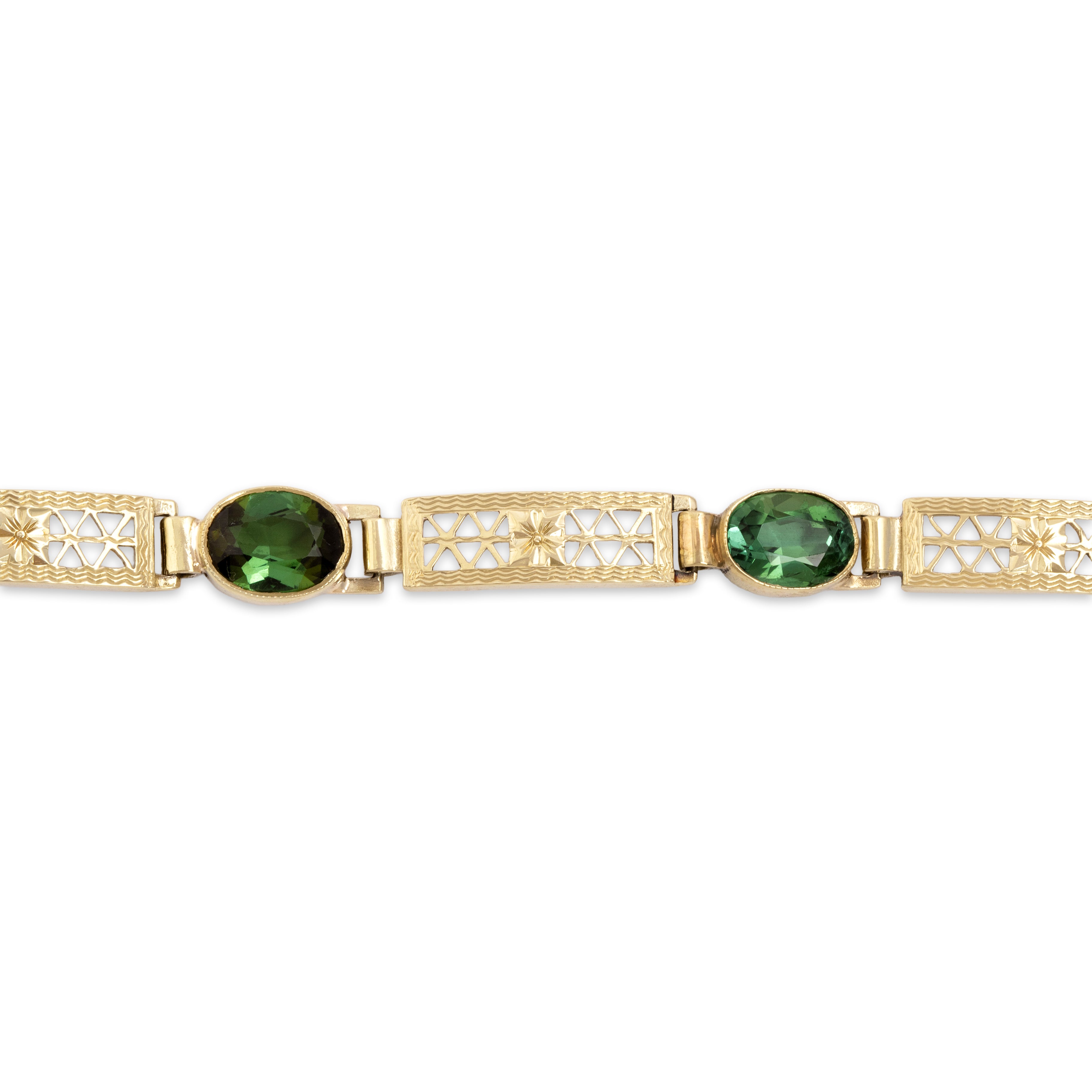 Vintage 14k Yellow Gold 4.0cttw Green Tourmaline Superb Floral Lattice Link Bracelet - Close-up view