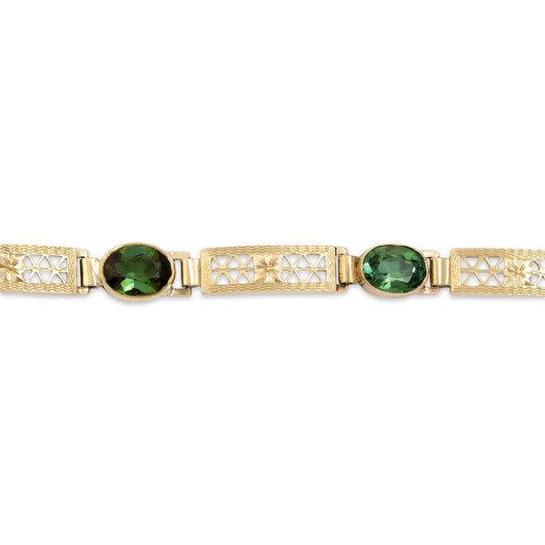 Vintage 14k Yellow Gold 4cttw Green Tourmaline Floral Lattice Link Bracelet 7