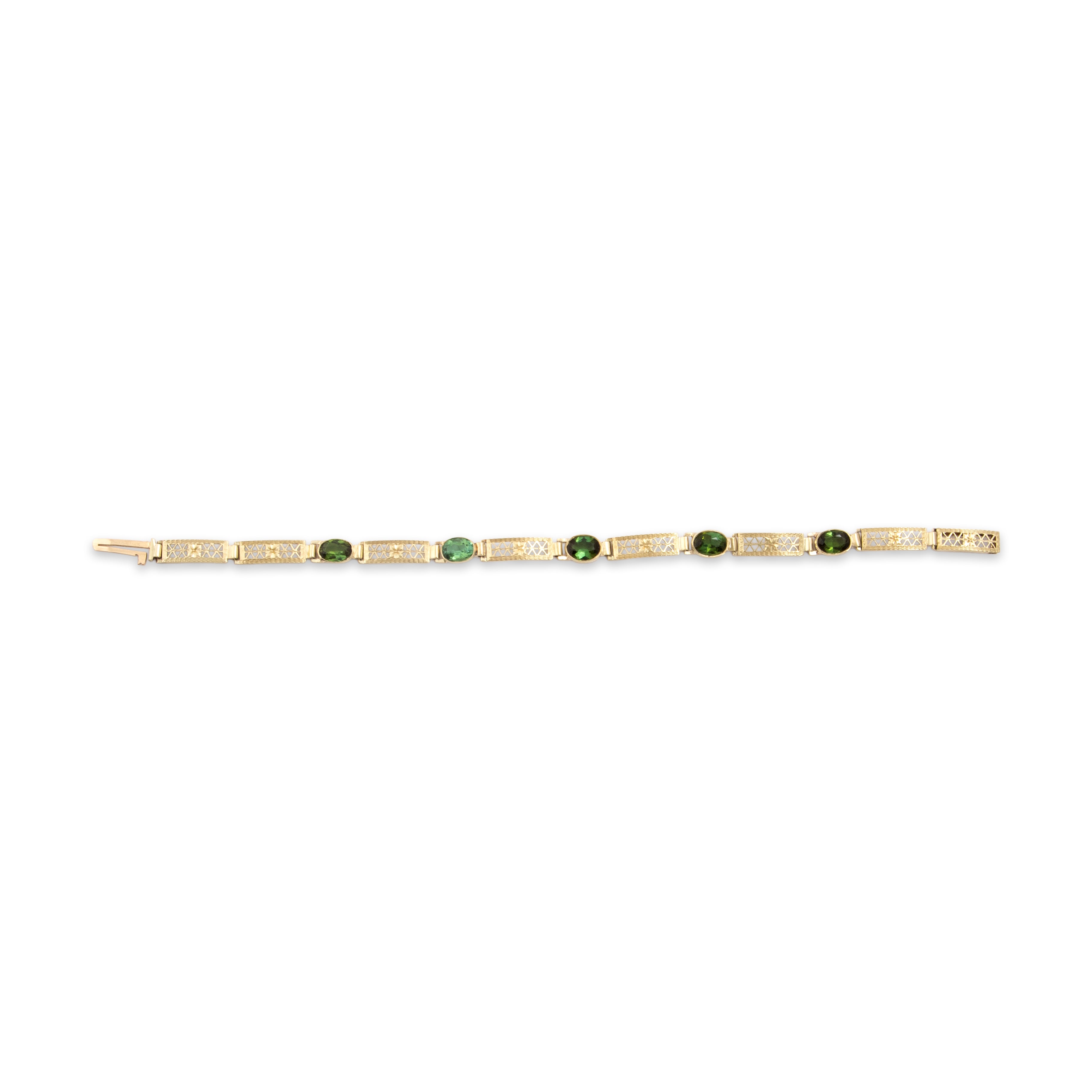Vintage 14k Yellow Gold 4.0cttw Green Tourmaline Superb Floral Lattice Link Bracelet - Overall view